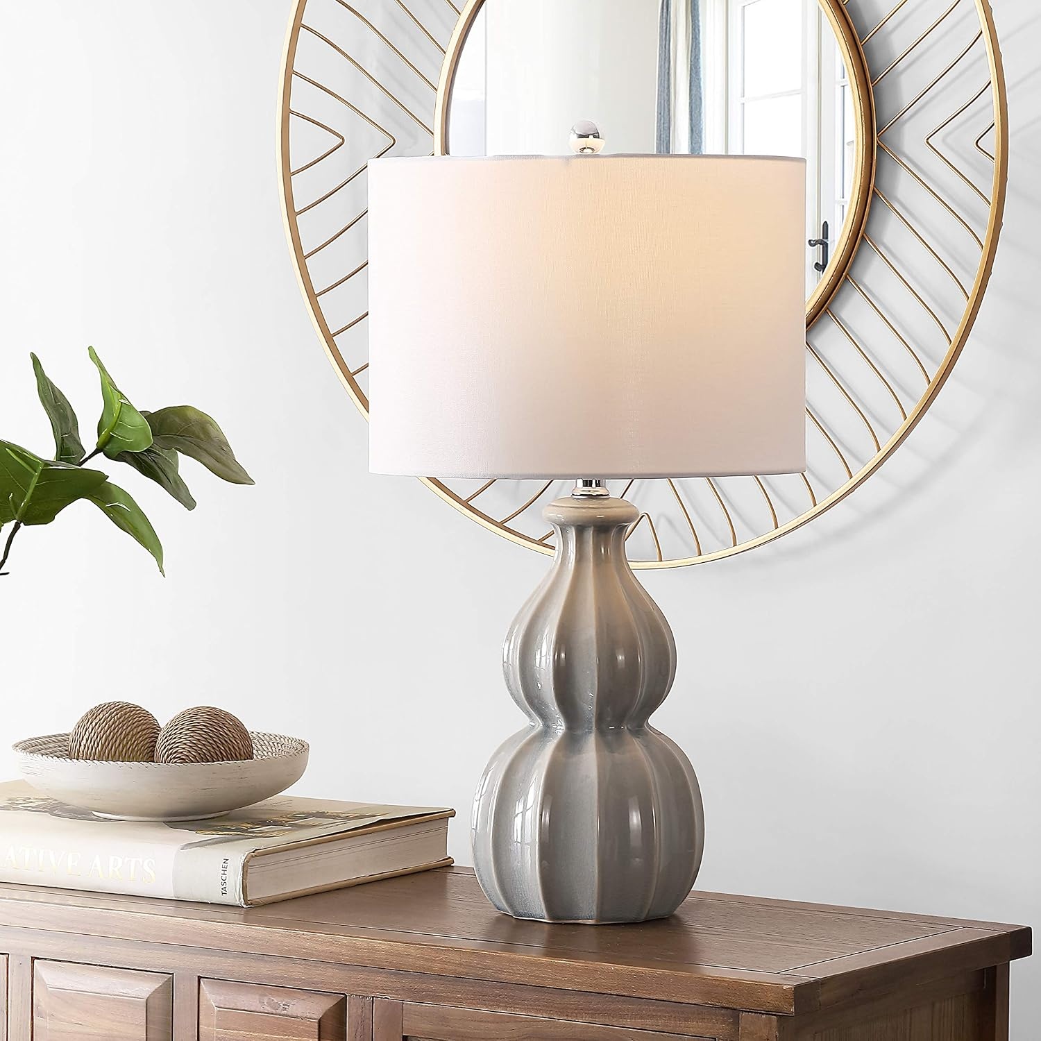 image:imageSAFAVIEH Lighting Collection Wade Grey Double Gourd Ceramic Table Lamp 26Inch Accent Lamp for Bedroom Living Room Home Office TBL4274AGray