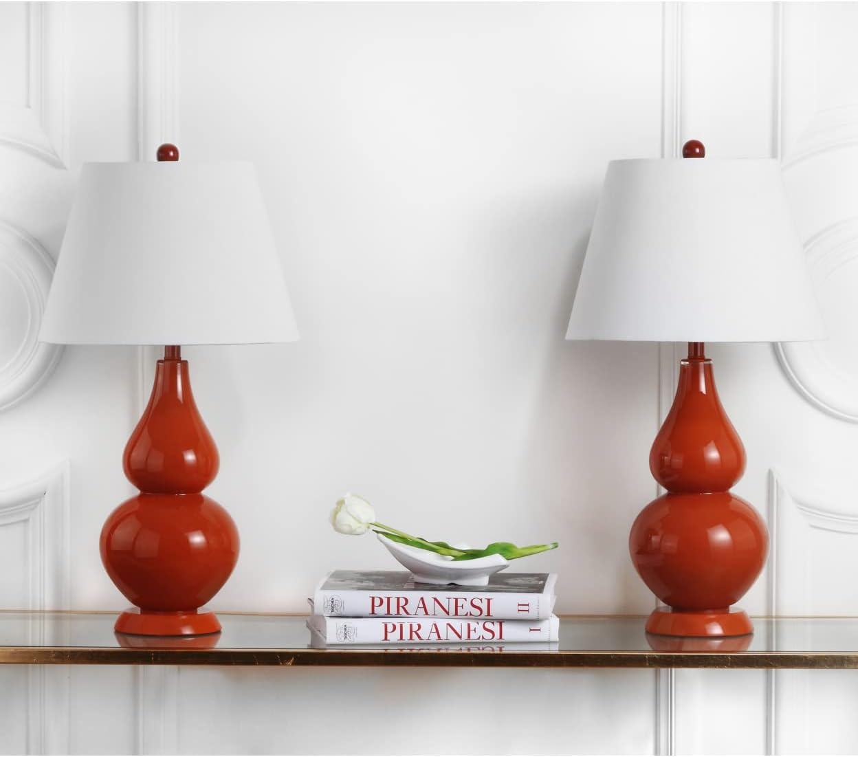 image:imageSAFAVIEH Lighting Collection Cybil Modern Contemporary Blood Orange Double Gourd Glass 27inch Bedroom Living Room Home Office Desk Nightstand Table Lamp Set of 2 LED Bulbs IncludedOrange Set of 2