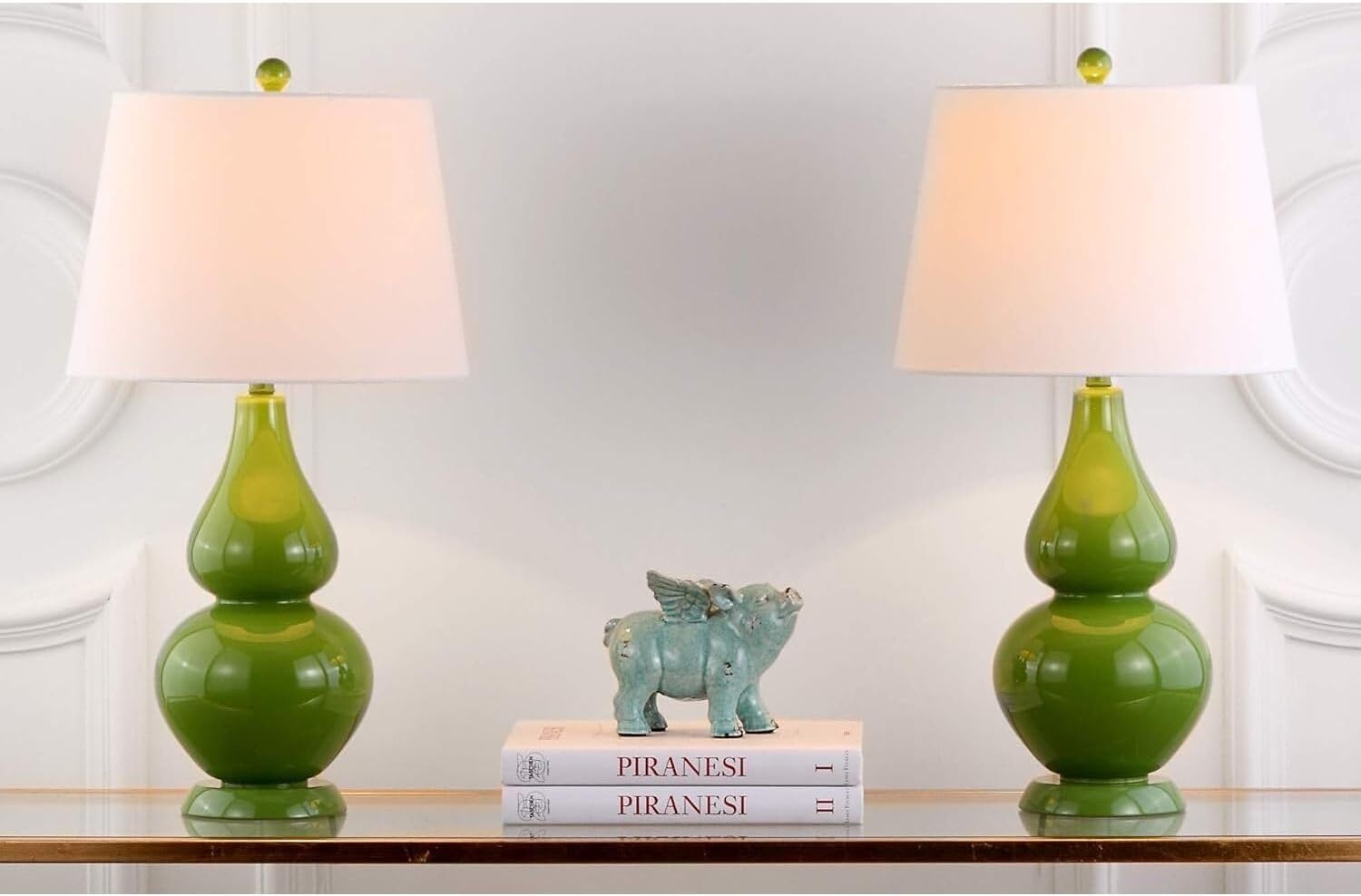 image:imageSAFAVIEH Lighting Collection Cybil Modern Contemporary Blood Orange Double Gourd Glass 27inch Bedroom Living Room Home Office Desk Nightstand Table Lamp Set of 2 LED Bulbs IncludedGreen Set of 2