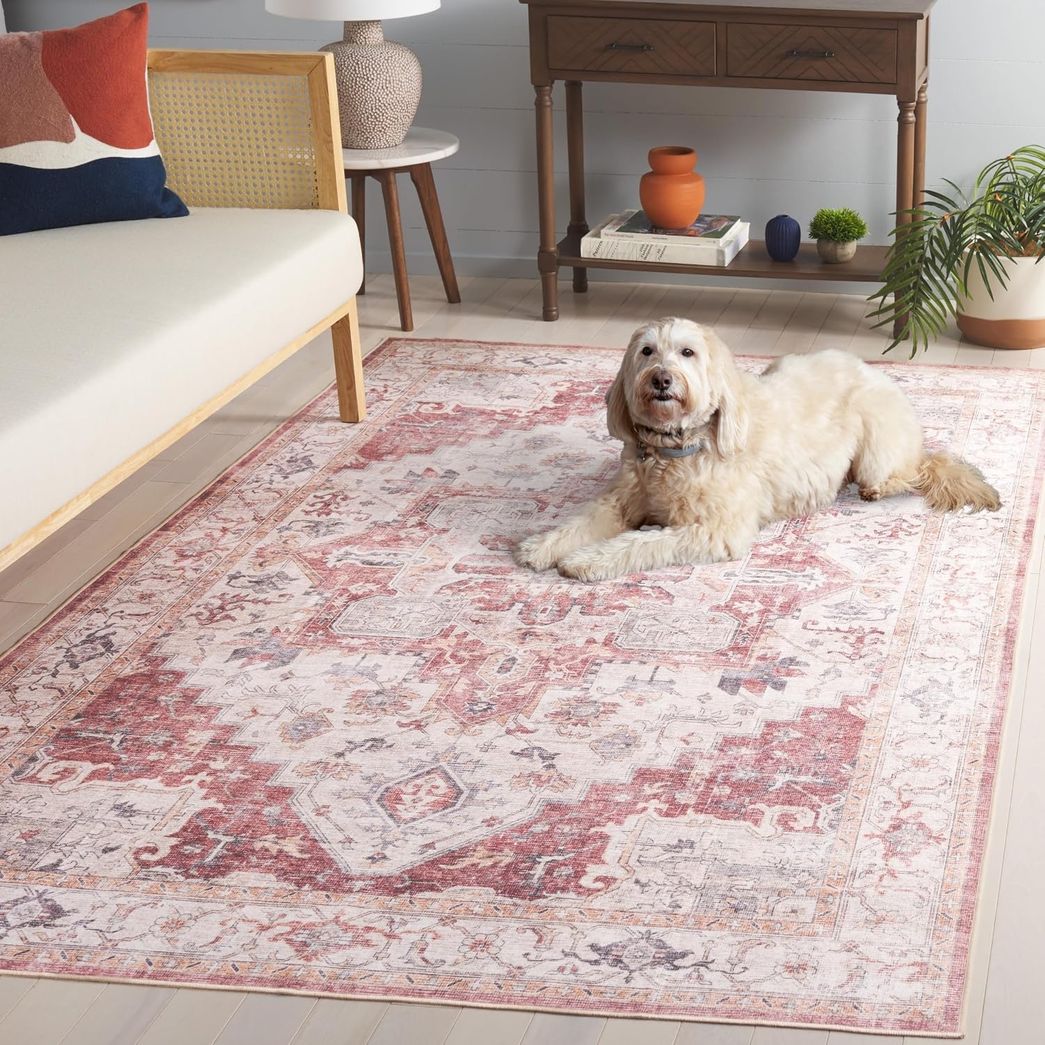 image:imageSAFAVIEH Washable Rug Arizona Collection 8 x 10 Blue amp Beige Slip Resistant amp Easy to Clean Ideal for Living Room Bedroom Home Office Dining Space ARZ523MBeigeRust
