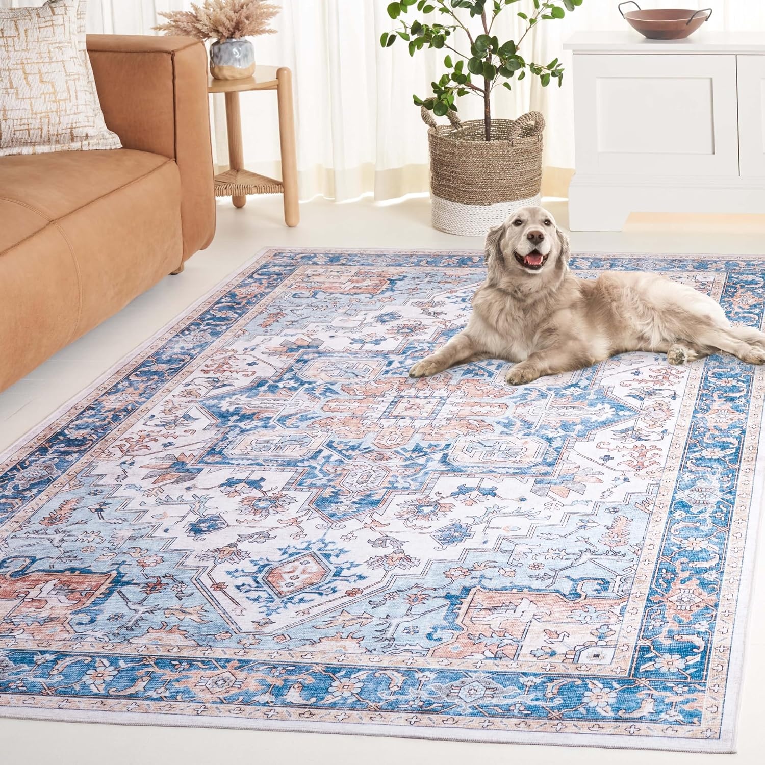 image:imageSAFAVIEH Washable Rug Arizona Collection 8 x 10 Blue amp Beige Slip Resistant amp Easy to Clean Ideal for Living Room Bedroom Home Office Dining Space ARZ523MBlueBeige