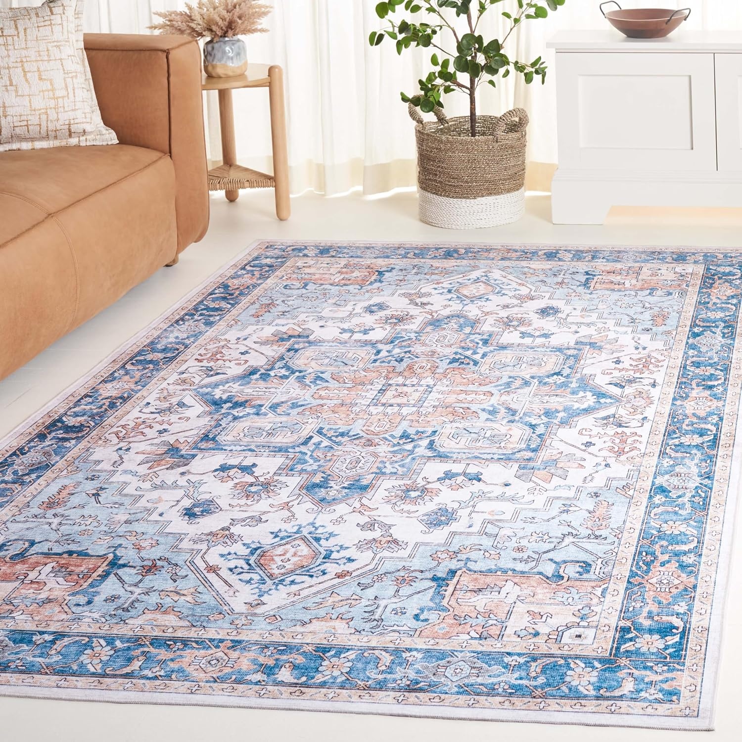 image:imageSAFAVIEH Washable Rug Arizona Collection 8 x 10 Blue amp Beige Slip Resistant amp Easy to Clean Ideal for Living Room Bedroom Home Office Dining Space ARZ523MBlueBeige