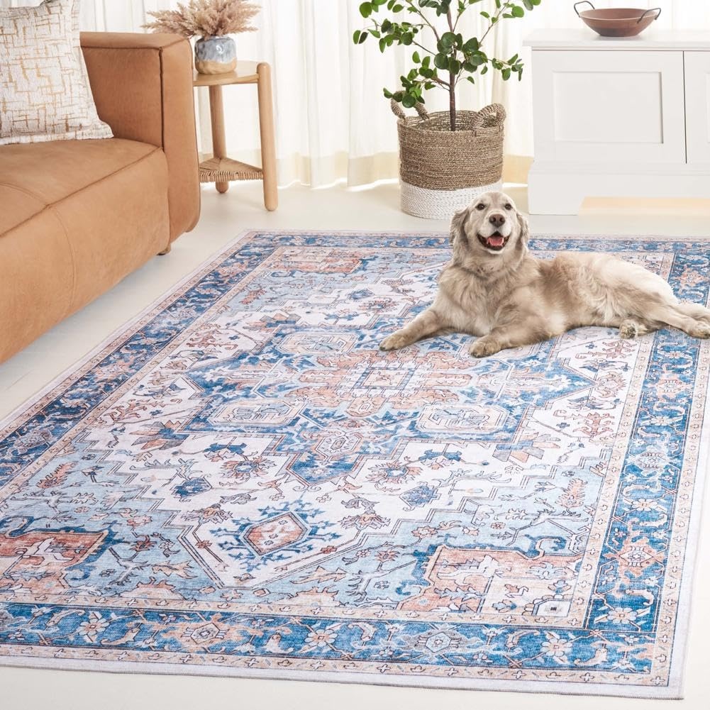 image:imageSAFAVIEH Washable Rug Arizona Collection 8 x 10 Blue amp Beige Slip Resistant amp Easy to Clean Ideal for Living Room Bedroom Home Office Dining Space ARZ523MBlueBeige