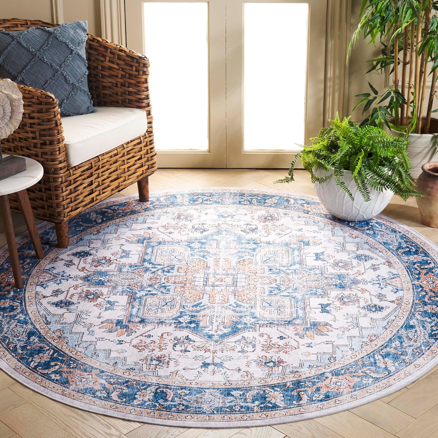 image:imageSAFAVIEH Washable Rug Arizona Collection 8 x 10 Blue amp Beige Slip Resistant amp Easy to Clean Ideal for Living Room Bedroom Home Office Dining Space ARZ523MBlueBeige