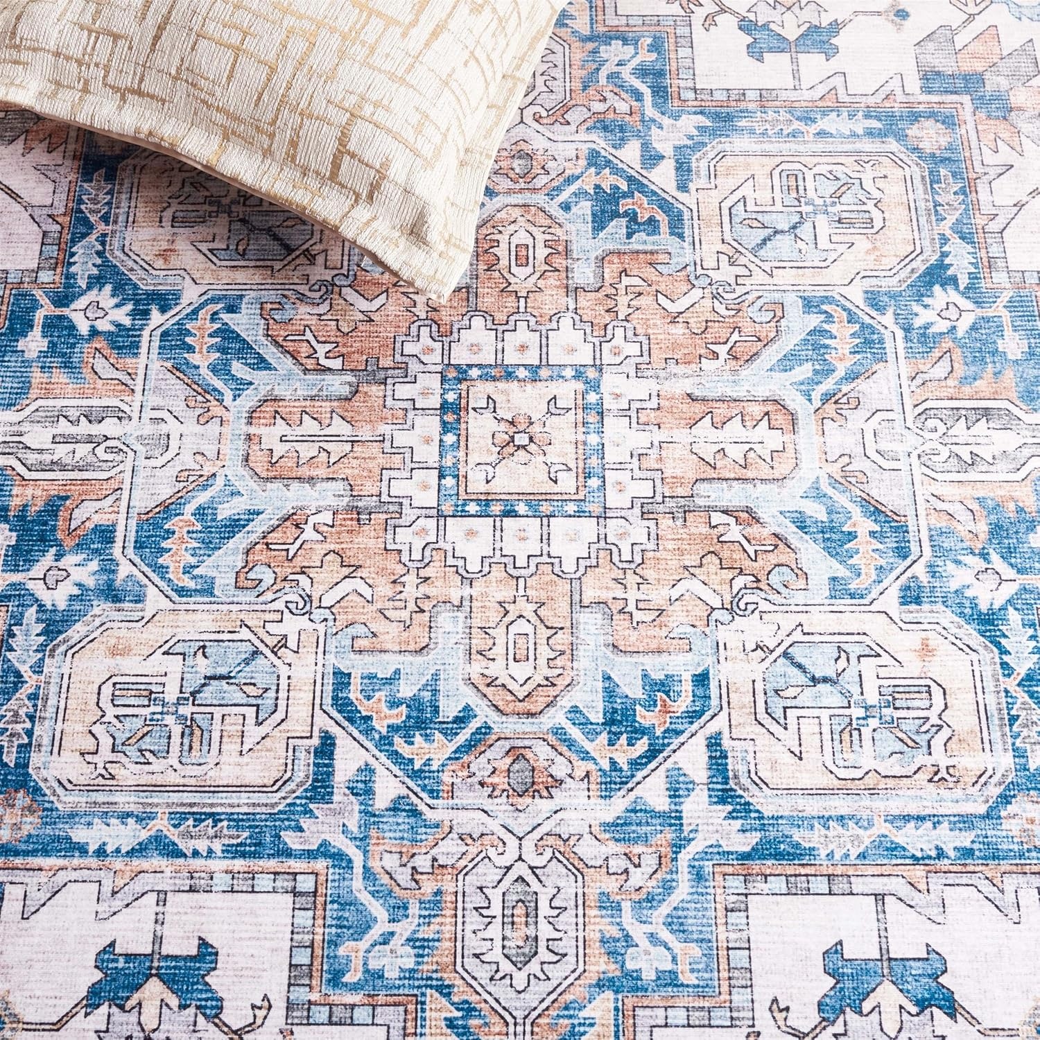 image:imageSAFAVIEH Washable Rug Arizona Collection 8 x 10 Blue amp Beige Slip Resistant amp Easy to Clean Ideal for Living Room Bedroom Home Office Dining Space ARZ523MBlueBeige