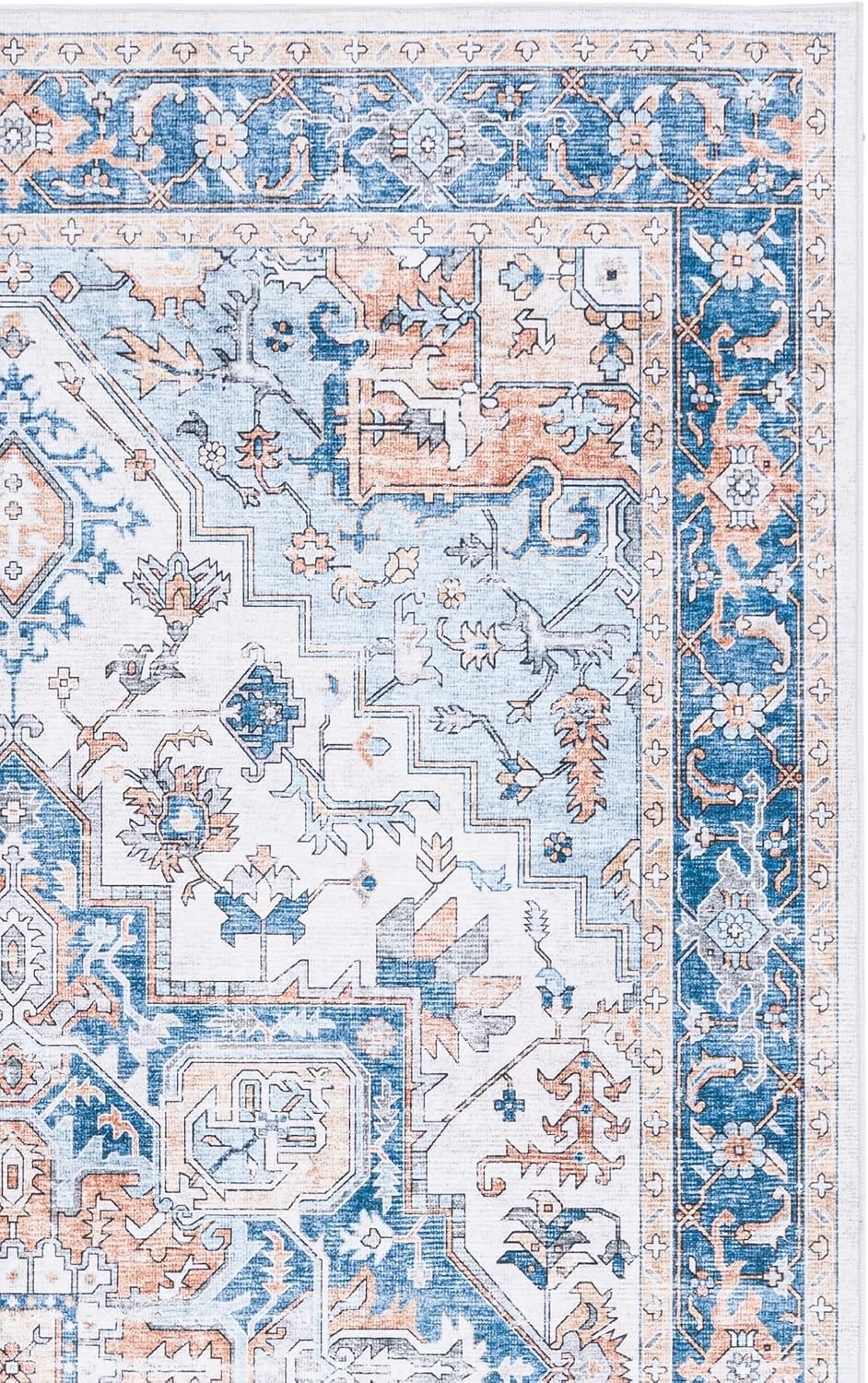 image:imageSAFAVIEH Washable Rug Arizona Collection 8 x 10 Blue amp Beige Slip Resistant amp Easy to Clean Ideal for Living Room Bedroom Home Office Dining Space ARZ523MBlueBeige