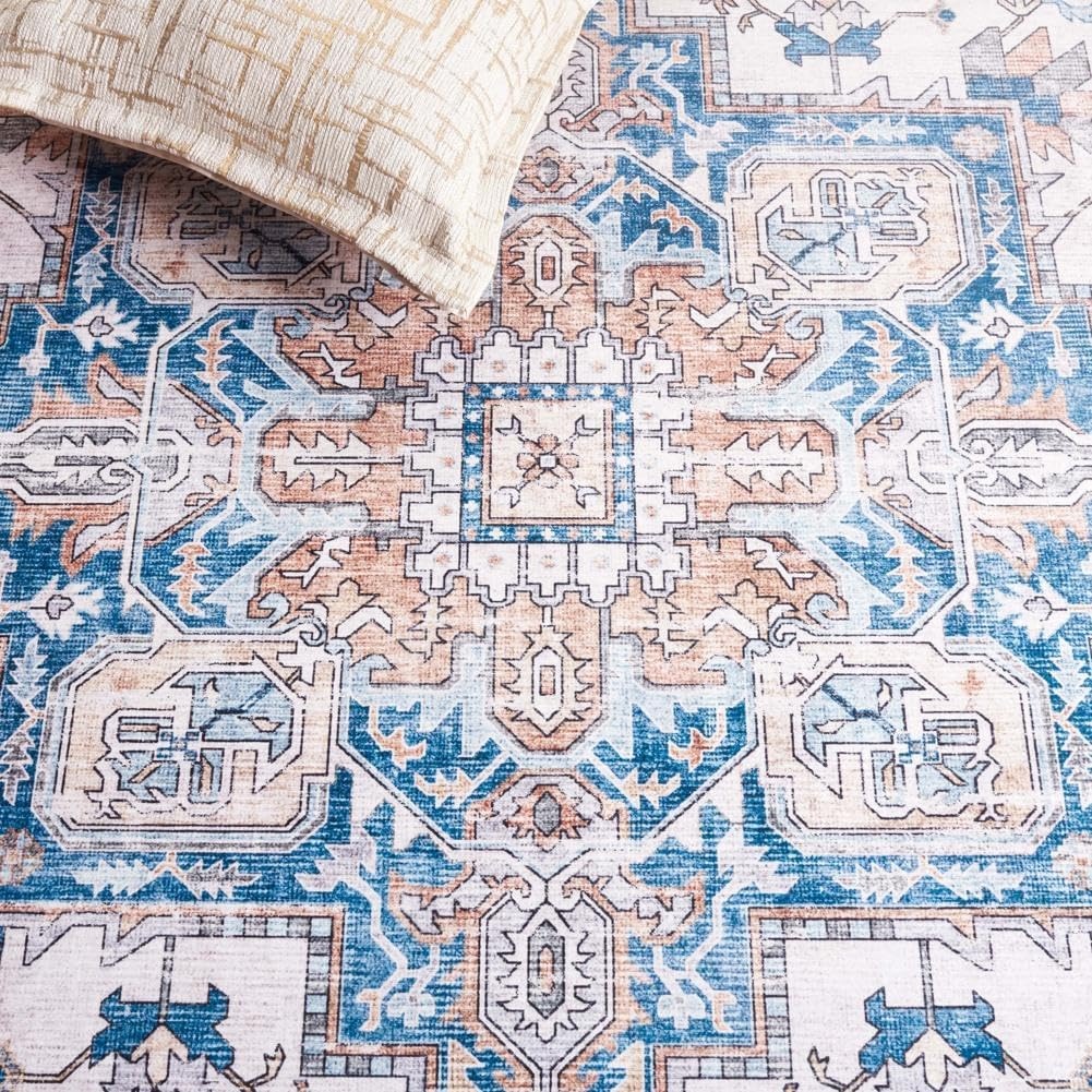 image:imageSAFAVIEH Washable Rug Arizona Collection 8 x 10 Blue amp Beige Slip Resistant amp Easy to Clean Ideal for Living Room Bedroom Home Office Dining Space ARZ523MBlueBeige