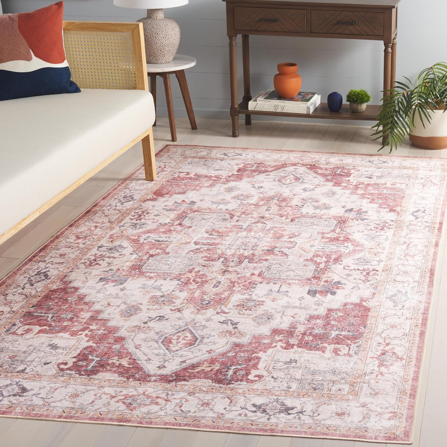 image:imageSAFAVIEH Washable Rug Arizona Collection 8 x 10 Blue amp Beige Slip Resistant amp Easy to Clean Ideal for Living Room Bedroom Home Office Dining Space ARZ523MBeigeRust