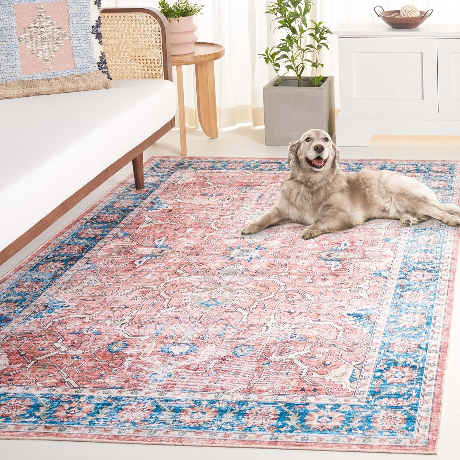 image:imageSAFAVIEH Washable Rug Arizona Collection 8 x 10 Rust amp Aqua Slip Resistant amp Easy to Clean Ideal for Living Room Bedroom Home Office Dining Space ARZ559QRustAqua