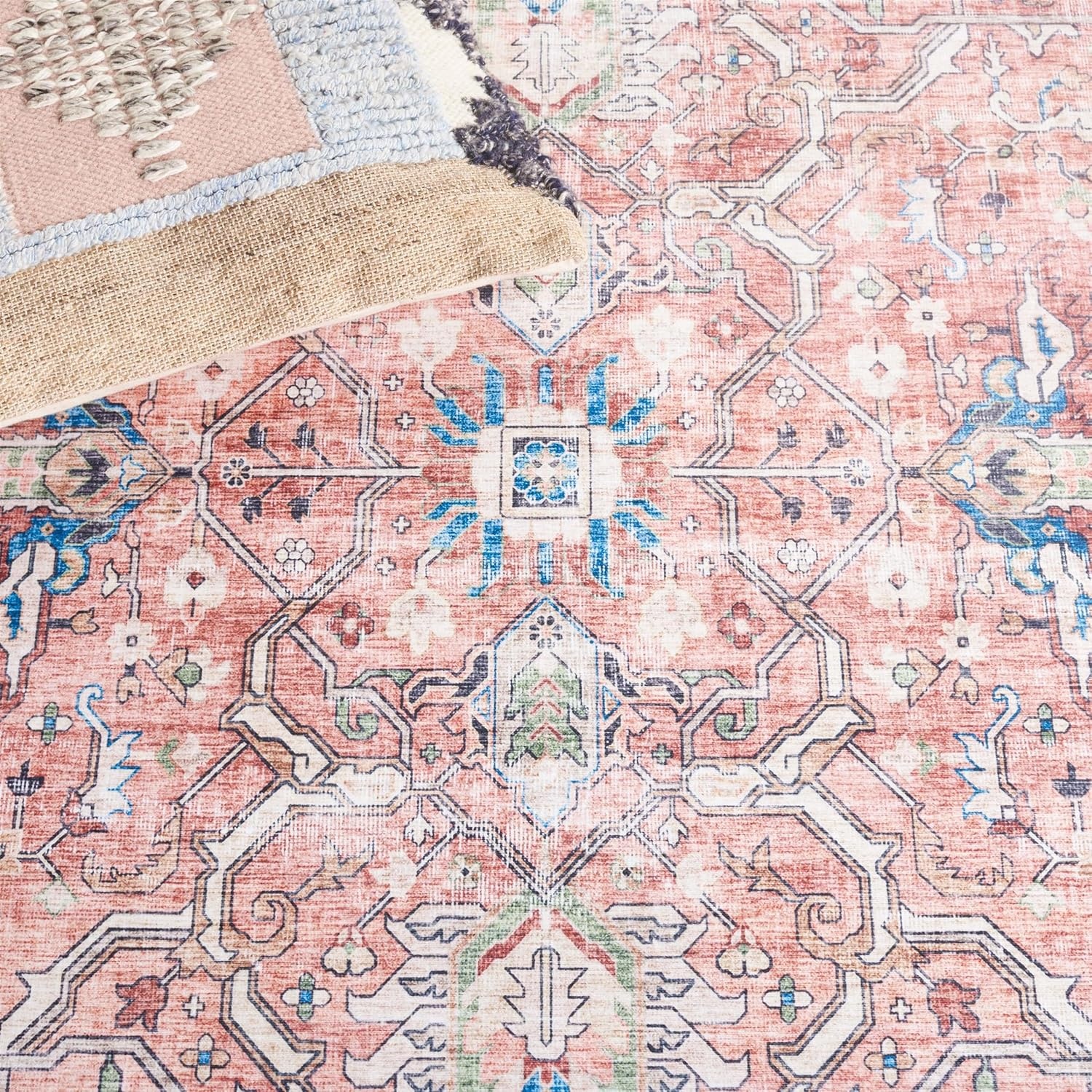 image:imageSAFAVIEH Washable Rug Arizona Collection 8 x 10 Rust amp Aqua Slip Resistant amp Easy to Clean Ideal for Living Room Bedroom Home Office Dining Space ARZ559QRustAqua