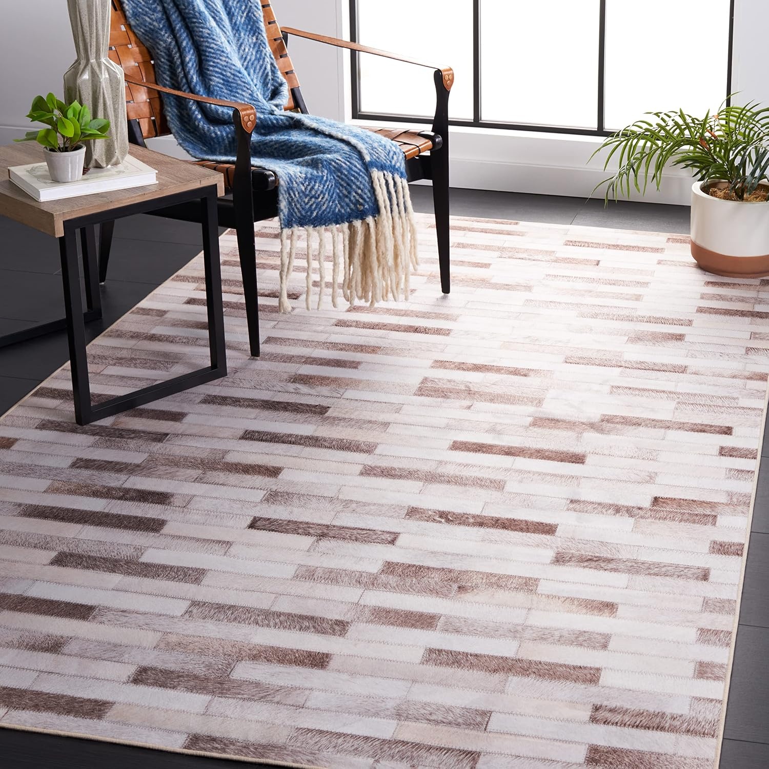 image:imageSAFAVIEH Washable Rug Faux Hide Collection 5 x 8 Beige amp Brown Slip Resistant Western Rustic Decor Printed Pattern Ideal for Living Room Bedroom Home Office Dining Space FAH500BBeigeBrown