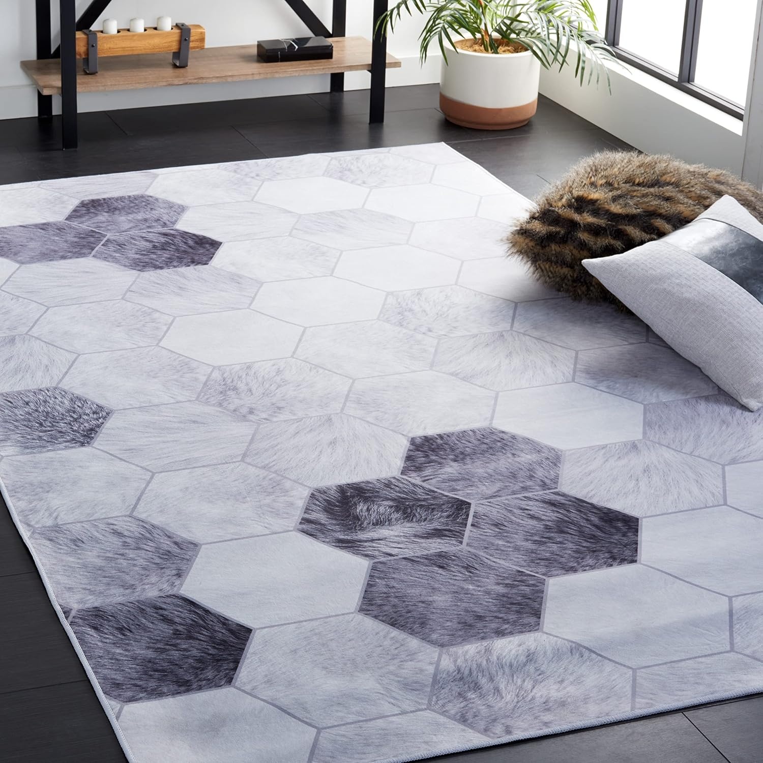 image:imageSAFAVIEH Washable Rug Faux Hide Collection 5 x 8 Ivory amp Grey Slip Resistant Modern Printed Pattern Ideal for Living Room Bedroom Home Office Dining Space FAH546AIvoryGrey