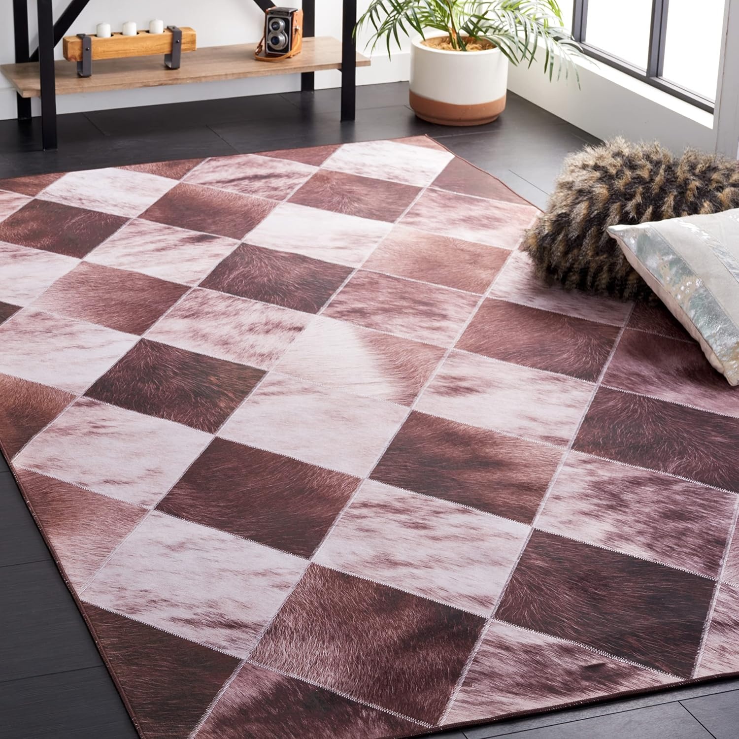 image:imageSAFAVIEH Washable Rug Faux Hide Collection 5 x 8 Light Brown amp Brown Slip Resistant Western Rustic Decor Printed Pattern Ideal for Living Room Bedroom Home Office Dining Space FAH535SLight BrownBrown