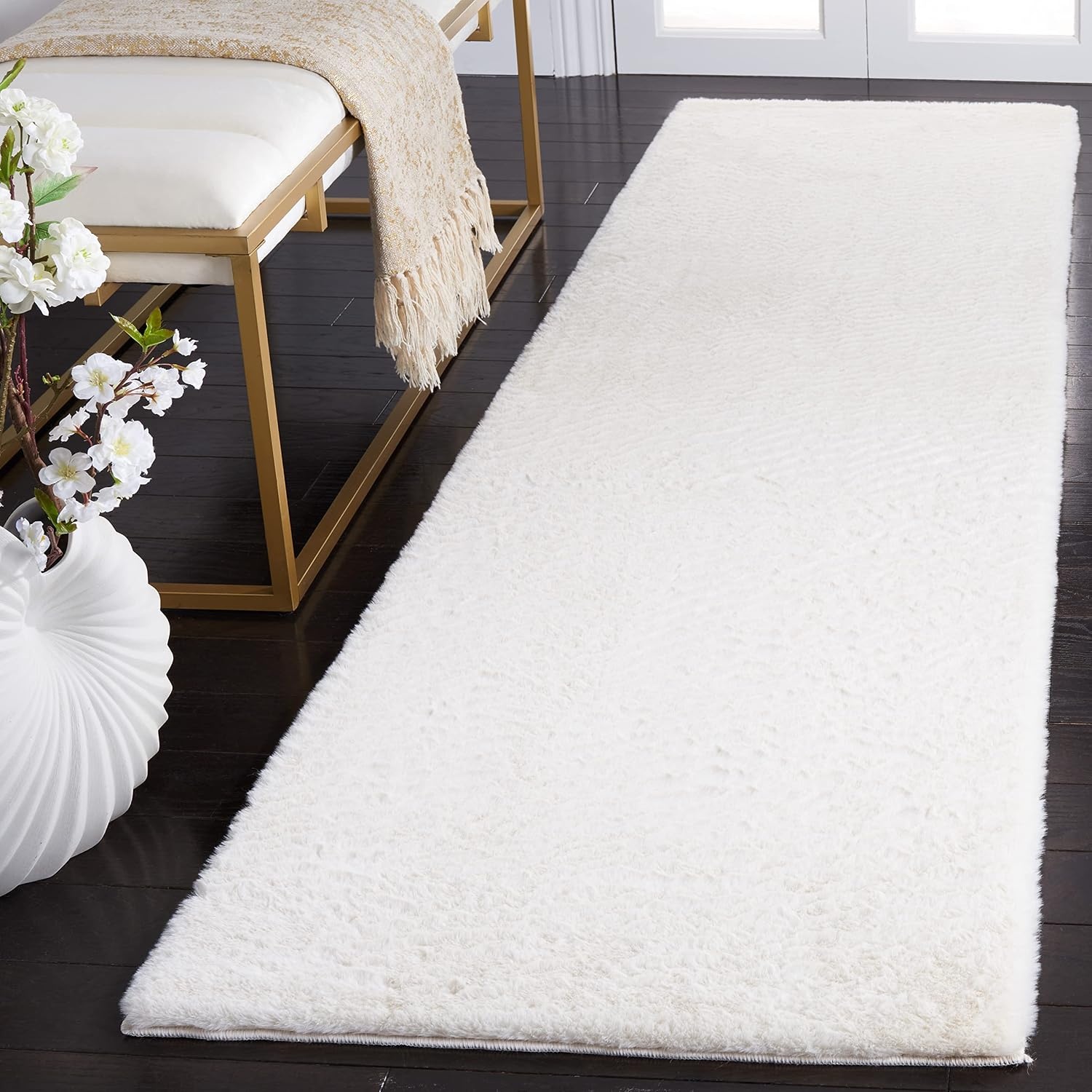 image:imageSAFAVIEH Washable Rug Faux Rabbit Fur Shag Collection 5 x 7 Beige Slip Resistant amp Easy Cleaning Ideal for Living Room Bedroom Kids Playroom Nursery Dining Space FRF500BOff White