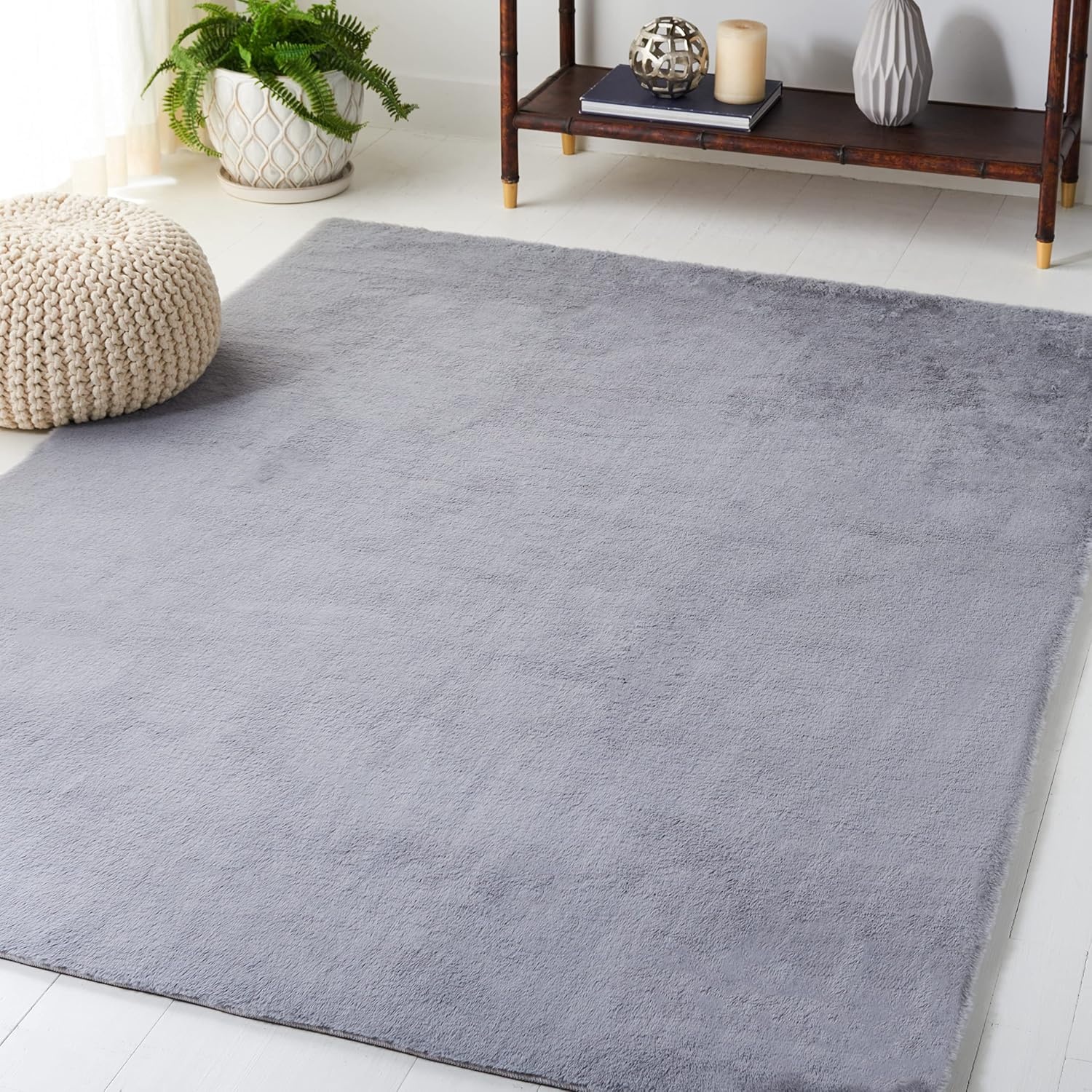 image:imageSAFAVIEH Washable Rug Faux Rabbit Fur Shag Collection 5 x 7 Beige Slip Resistant amp Easy Cleaning Ideal for Living Room Bedroom Kids Playroom Nursery Dining Space FRF500BLight Grey