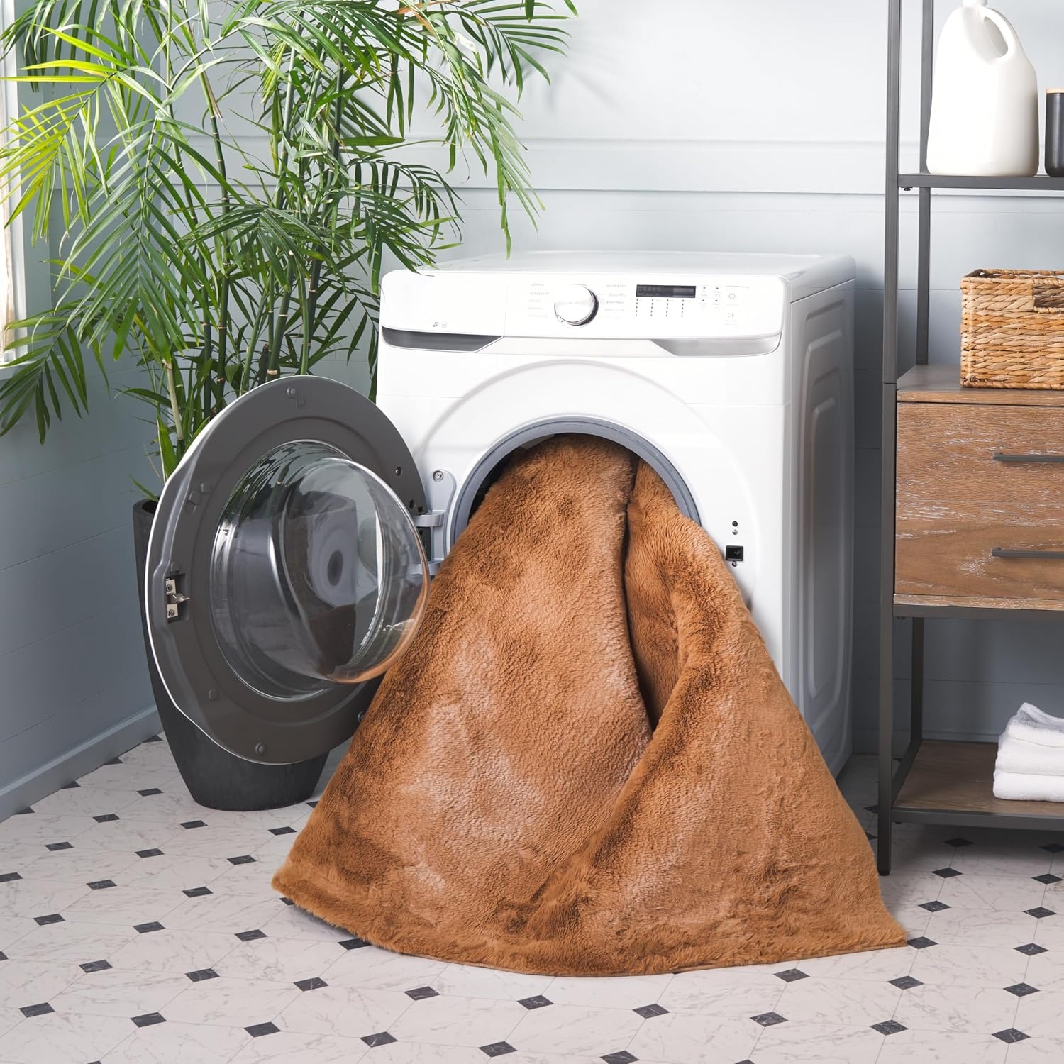 image:imageSAFAVIEH Washable Rug Faux Rabbit Fur Shag Collection 5 x 7 Beige Slip Resistant amp Easy Cleaning Ideal for Living Room Bedroom Kids Playroom Nursery Dining Space FRF500BBrown