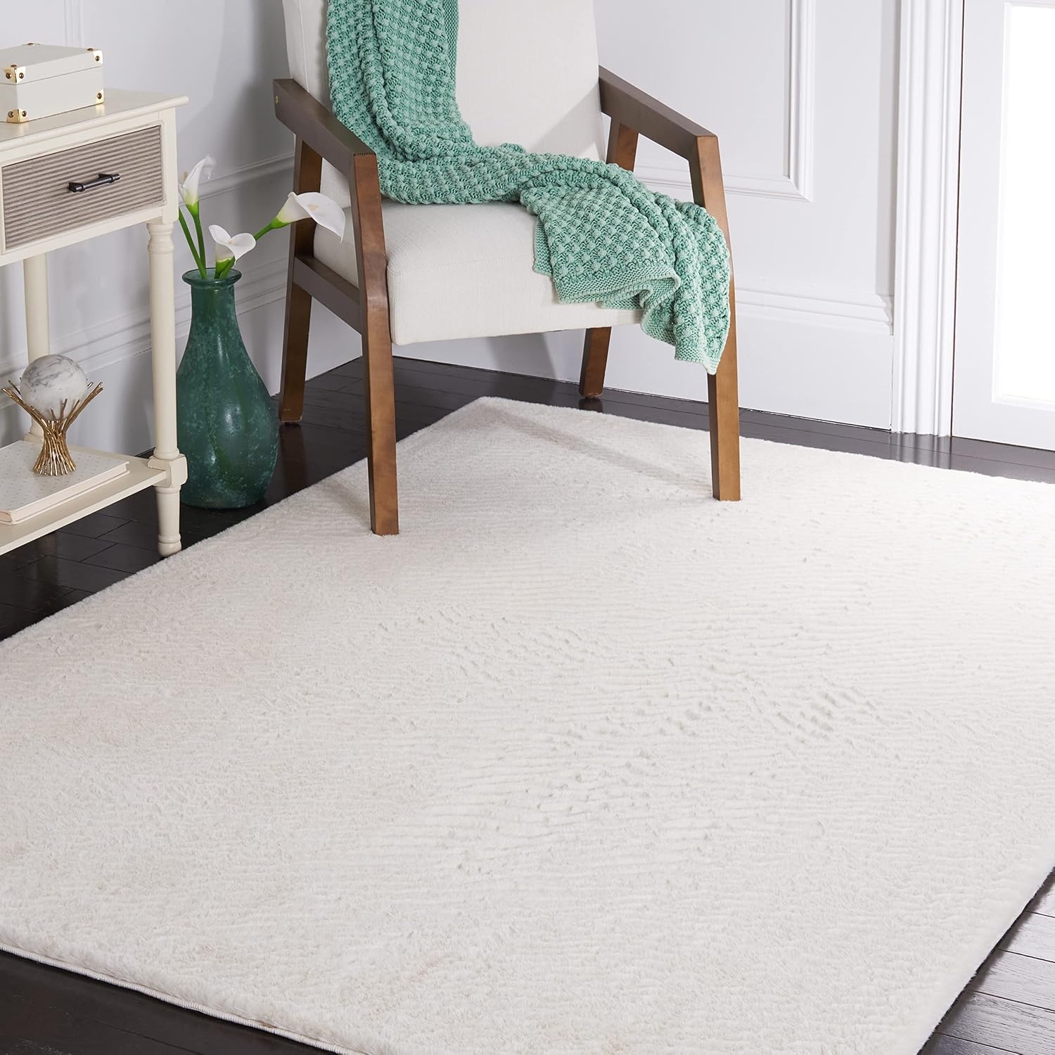 image:imageSAFAVIEH Washable Rug Faux Rabbit Fur Shag Collection 5 x 7 Beige Slip Resistant amp Easy Cleaning Ideal for Living Room Bedroom Kids Playroom Nursery Dining Space FRF500BOff White