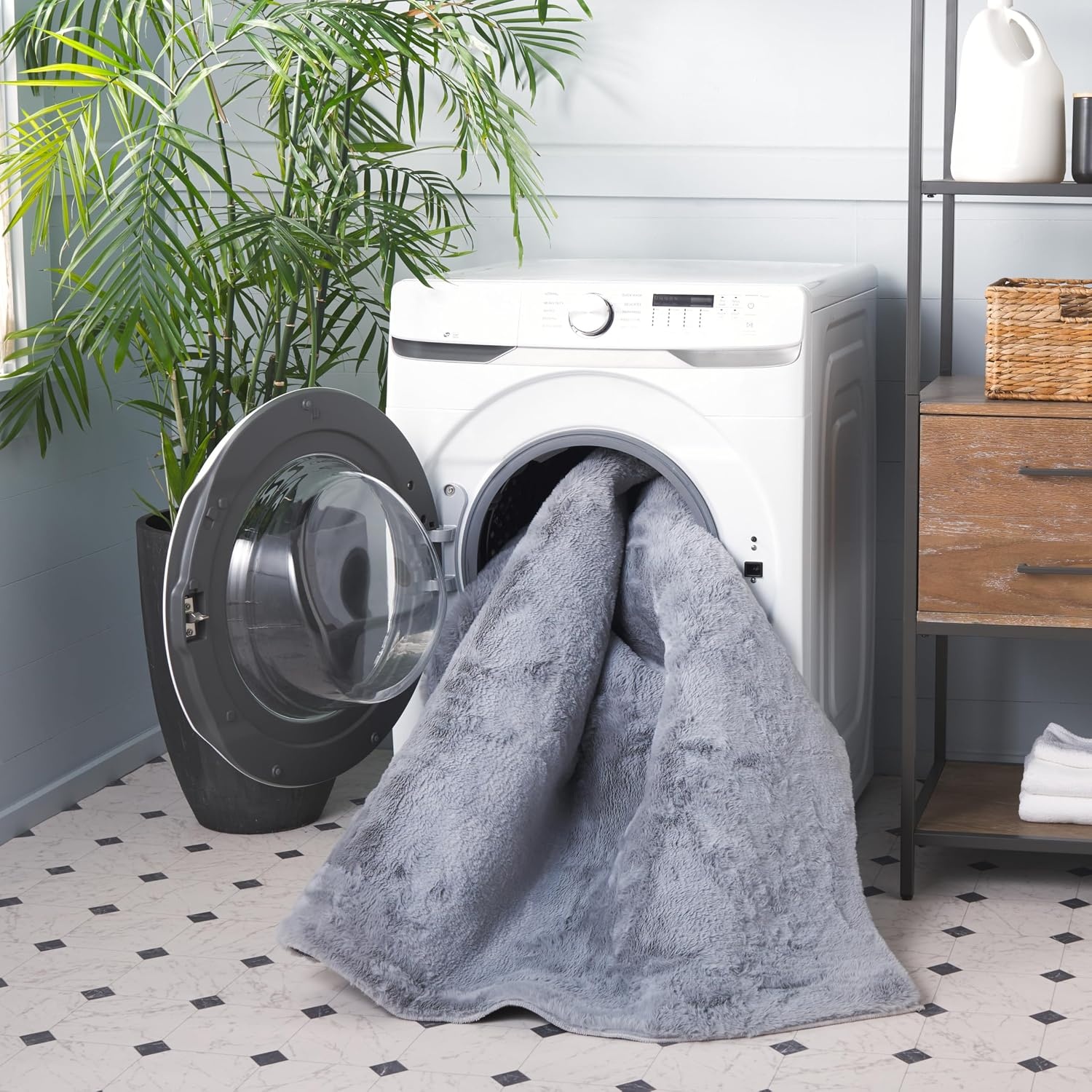 image:imageSAFAVIEH Washable Rug Faux Rabbit Fur Shag Collection 5 x 7 Beige Slip Resistant amp Easy Cleaning Ideal for Living Room Bedroom Kids Playroom Nursery Dining Space FRF500BLight Grey