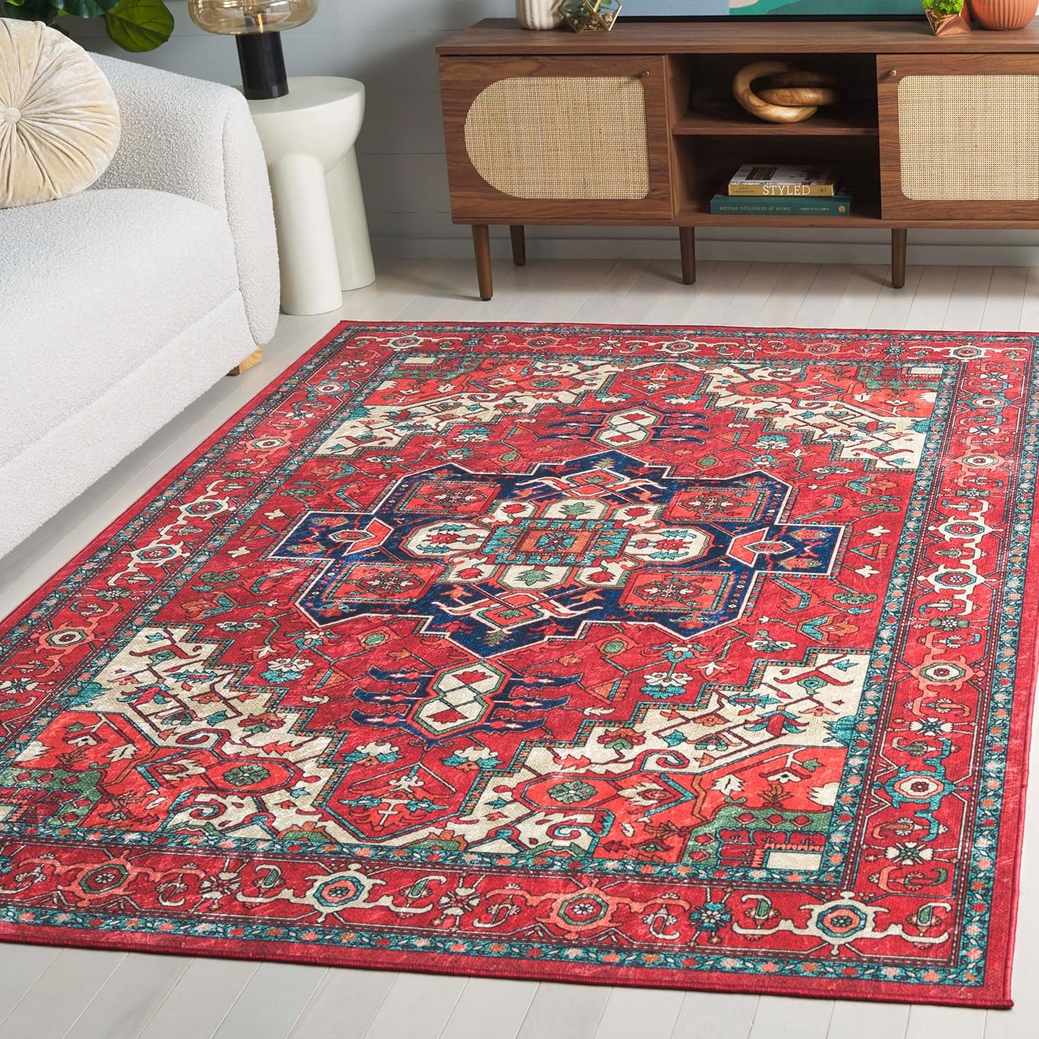 image:imageSAFAVIEH Washable Rug Orlando Collection 5 x 76 Red amp Beige NonShedding amp Easy to Clean Ideal for Living Room Bedroom Dining Space ORL758QRedBeige