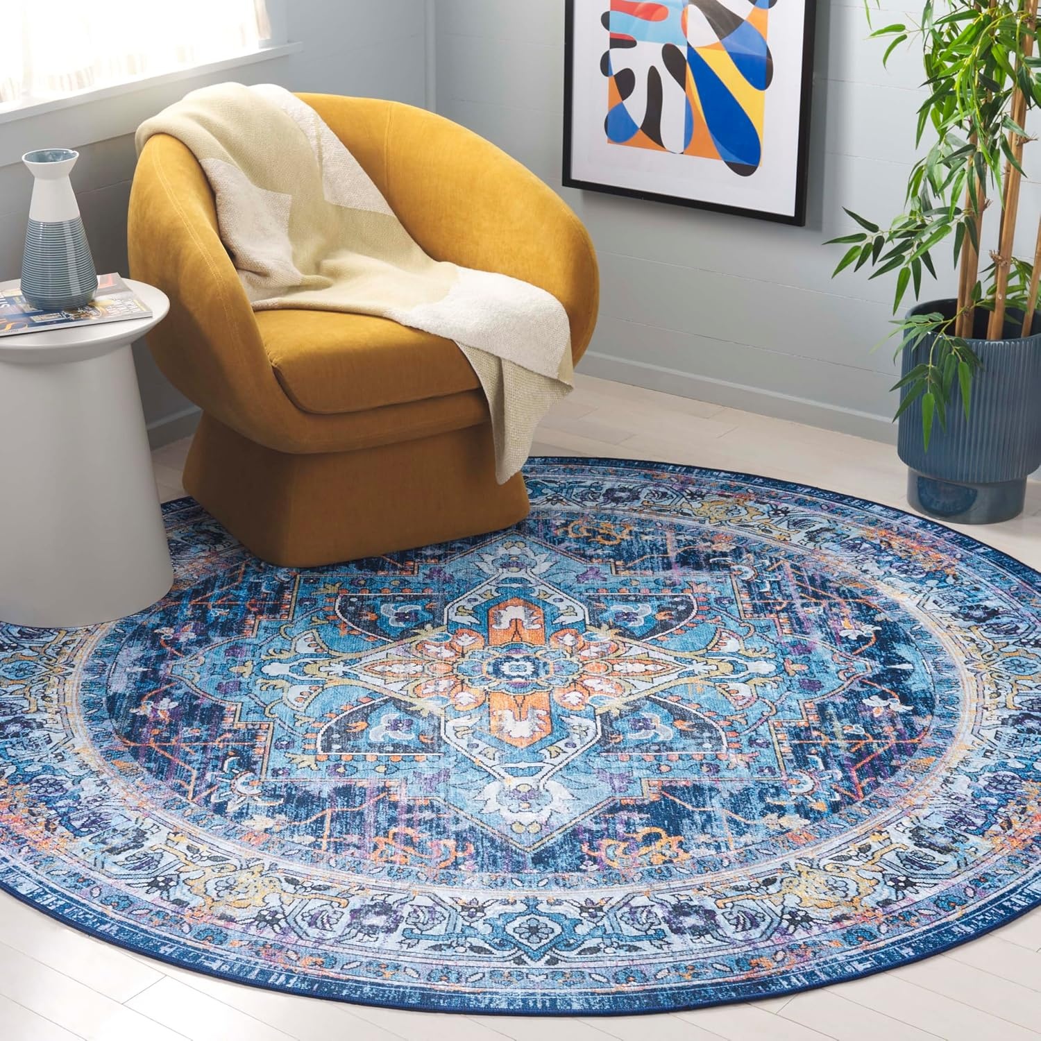 image:imageSAFAVIEH Washable Rug Orlando Collection 8 x 10 Light Blue amp Navy NonShedding amp Easy to Clean Ideal for Living Room Bedroom Dining Space ORL756KLight BlueNavy