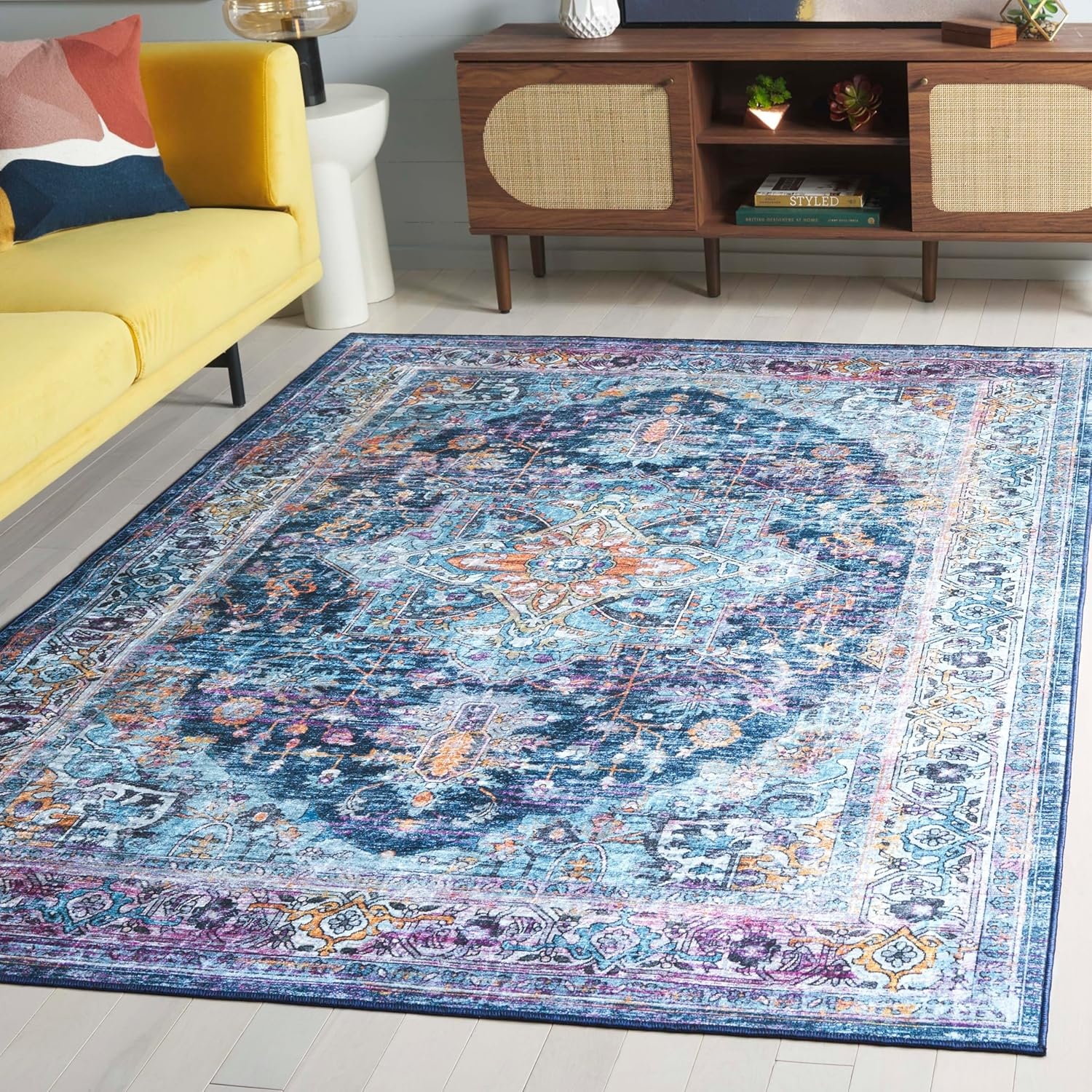 image:imageSAFAVIEH Washable Rug Orlando Collection 8 x 10 Light Blue amp Navy NonShedding amp Easy to Clean Ideal for Living Room Bedroom Dining Space ORL756KLight BlueNavy