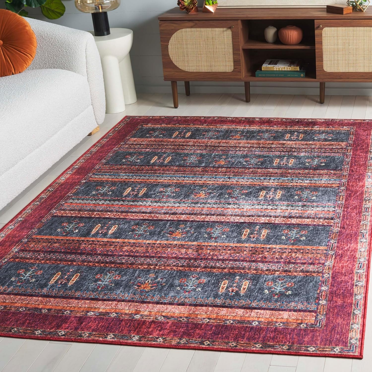 image:imageSAFAVIEH Washable Rug Orlando Collection 8 x 10 Rust amp Blue NonShedding amp Easy to Clean Ideal for Living Room Bedroom Dining Space ORL750PRustBlue