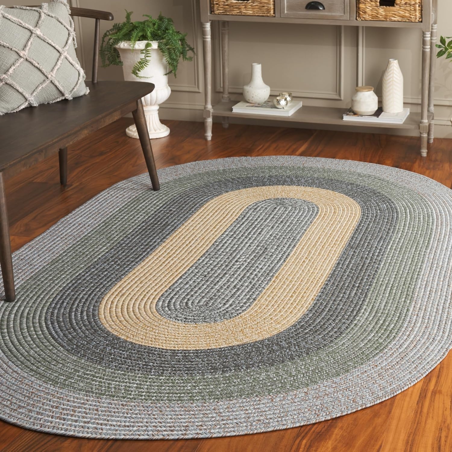 image:imageSAFAVIEH Washable Rug Outdoor Braided Collection 6 x 9 Oval Brown amp Light Brown Handmade amp Reversible NonShedding amp Easy to Clean Ideal for Patio Backyard Mudroom BRD318SGreyGreen