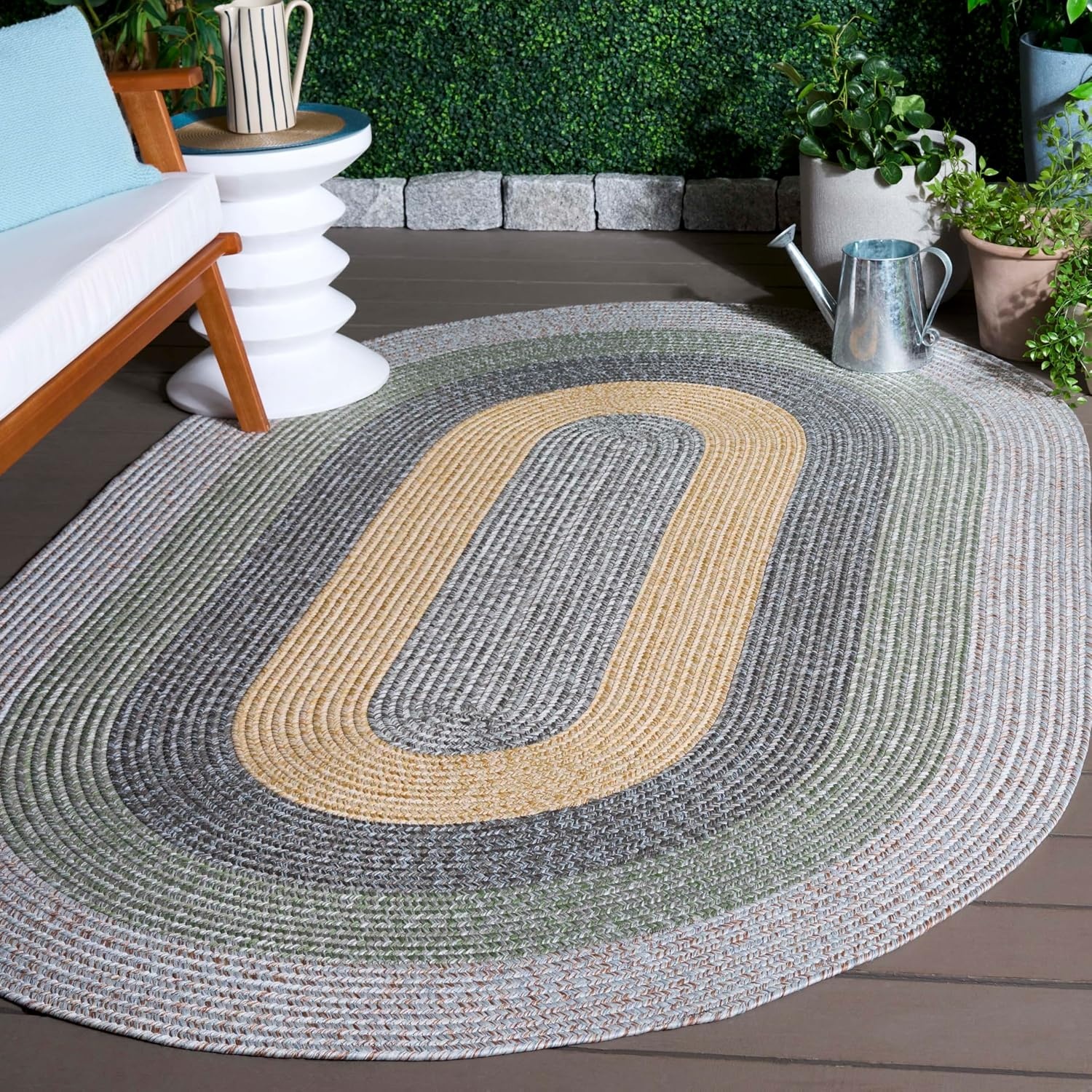 image:imageSAFAVIEH Washable Rug Outdoor Braided Collection 6 x 9 Oval Brown amp Light Brown Handmade amp Reversible NonShedding amp Easy to Clean Ideal for Patio Backyard Mudroom BRD318SGreyGreen