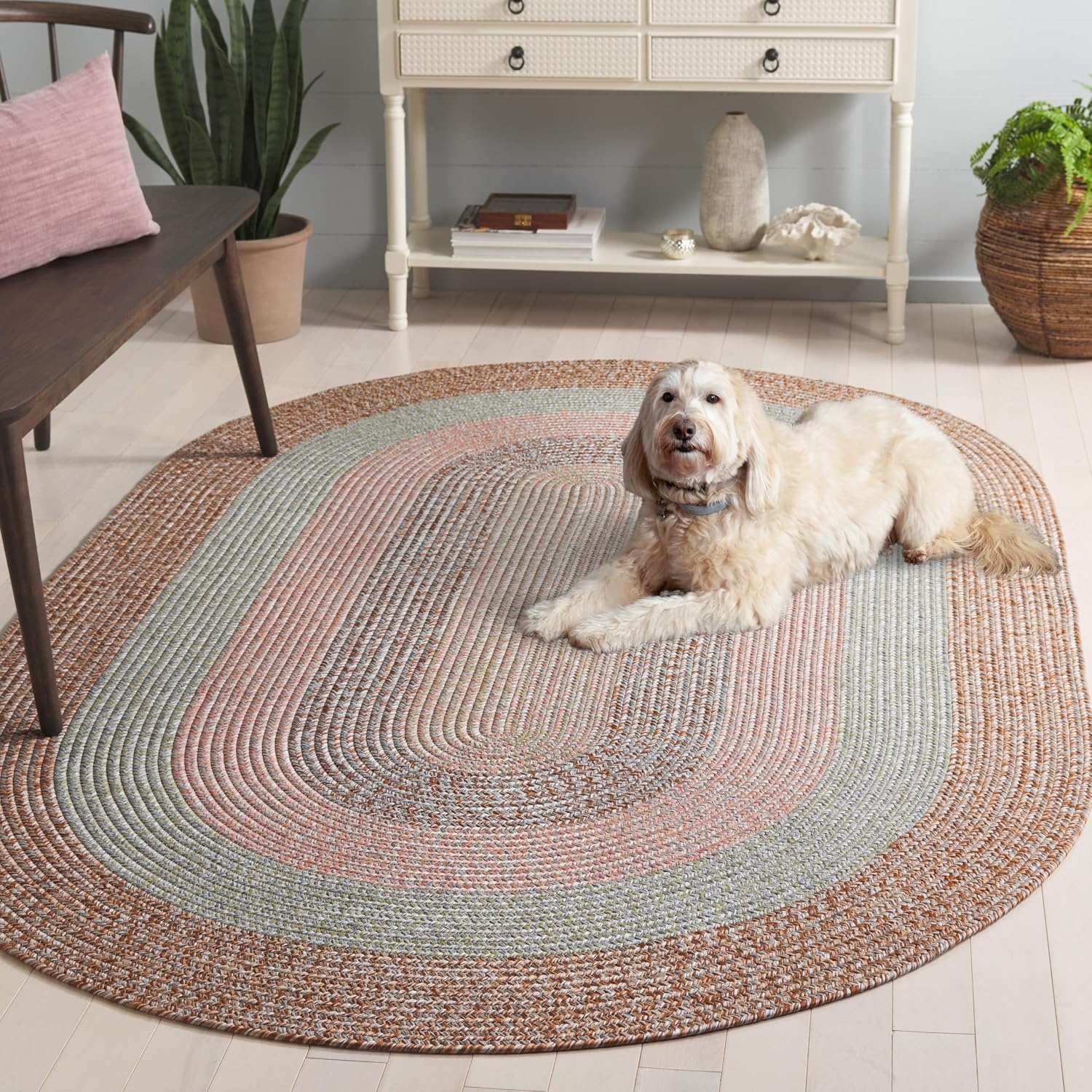 image:imageSAFAVIEH Washable Rug Outdoor Braided Collection 6 x 9 Oval Brown amp Light Brown Handmade amp Reversible NonShedding amp Easy to Clean Ideal for Patio Backyard Mudroom BRD318SBrownGrey Pink