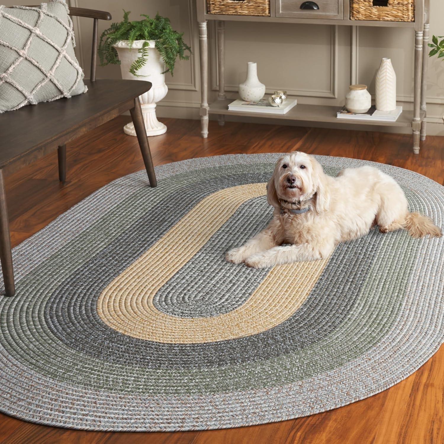 image:imageSAFAVIEH Washable Rug Outdoor Braided Collection 6 x 9 Oval Brown amp Light Brown Handmade amp Reversible NonShedding amp Easy to Clean Ideal for Patio Backyard Mudroom BRD318SGreyGreen