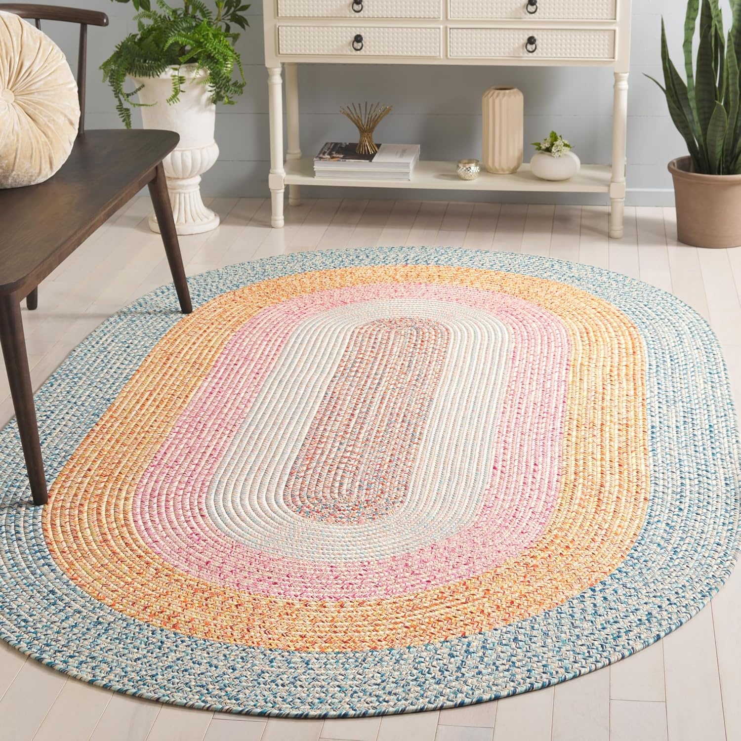 image:imageSAFAVIEH Washable Rug Outdoor Braided Collection 6 x 9 Oval Brown amp Light Brown Handmade amp Reversible NonShedding amp Easy to Clean Ideal for Patio Backyard Mudroom BRD318SAquaPink
