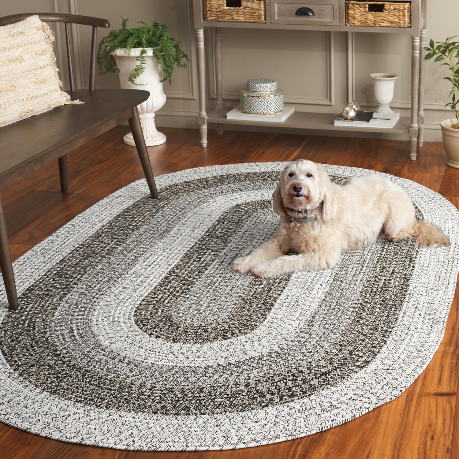 image:imageSAFAVIEH Washable Rug Outdoor Braided Collection 6 x 9 Oval Brown amp Light Brown Handmade amp Reversible NonShedding amp Easy to Clean Ideal for Patio Backyard Mudroom BRD318SIvoryBlack