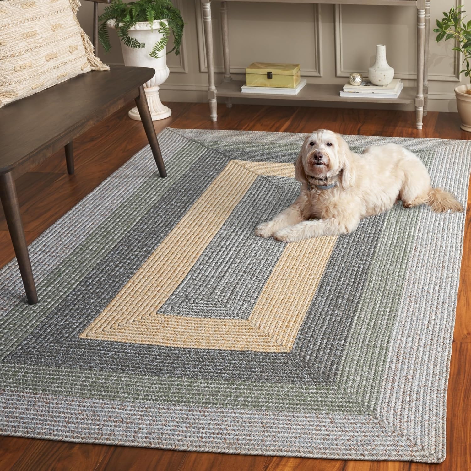 image:imageSAFAVIEH Washable Rug Outdoor Braided Collection 6 x 9 Oval Brown amp Light Brown Handmade amp Reversible NonShedding amp Easy to Clean Ideal for Patio Backyard Mudroom BRD318SGreyGreen