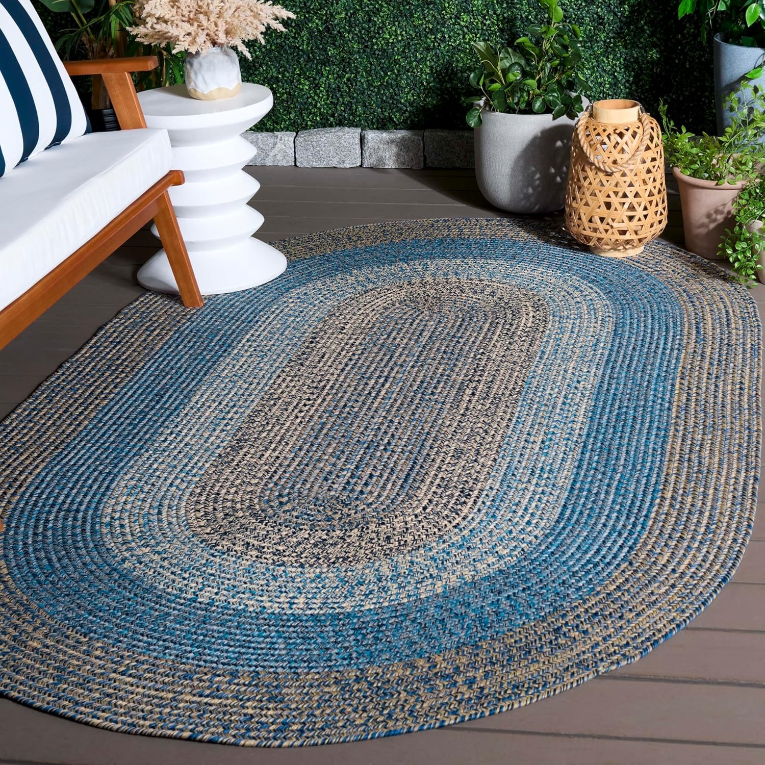 image:imageSAFAVIEH Washable Rug Outdoor Braided Collection 6 x 9 Oval Brown amp Light Brown Handmade amp Reversible NonShedding amp Easy to Clean Ideal for Patio Backyard Mudroom BRD318SNavyBlue