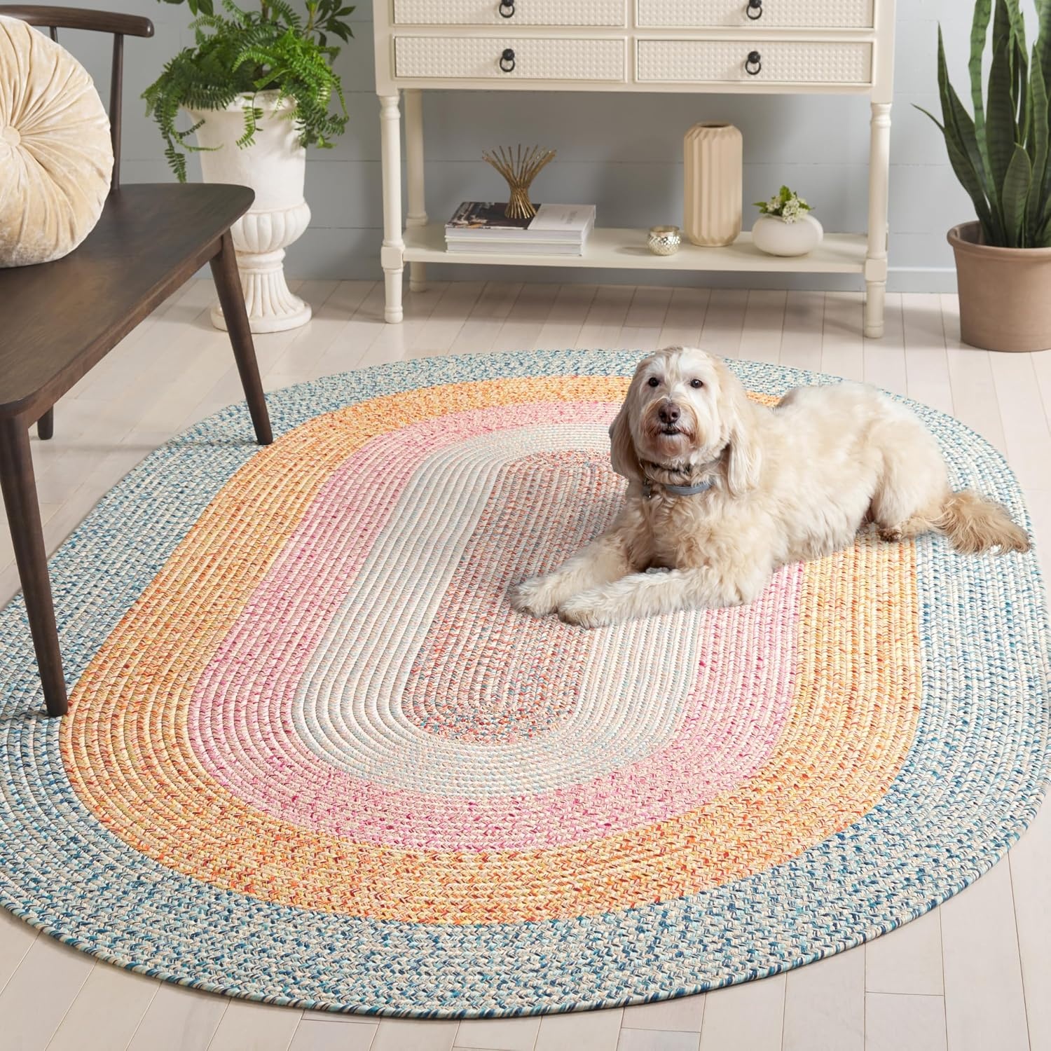 image:imageSAFAVIEH Washable Rug Outdoor Braided Collection 6 x 9 Oval Brown amp Light Brown Handmade amp Reversible NonShedding amp Easy to Clean Ideal for Patio Backyard Mudroom BRD318SAquaPink