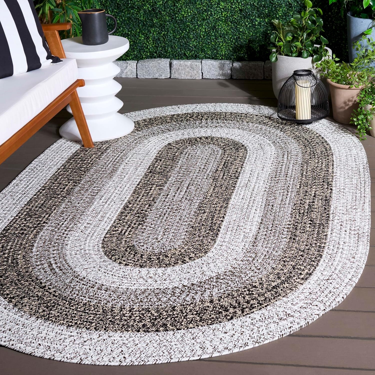 image:imageSAFAVIEH Washable Rug Outdoor Braided Collection 6 x 9 Oval Brown amp Light Brown Handmade amp Reversible NonShedding amp Easy to Clean Ideal for Patio Backyard Mudroom BRD318SIvoryBlack