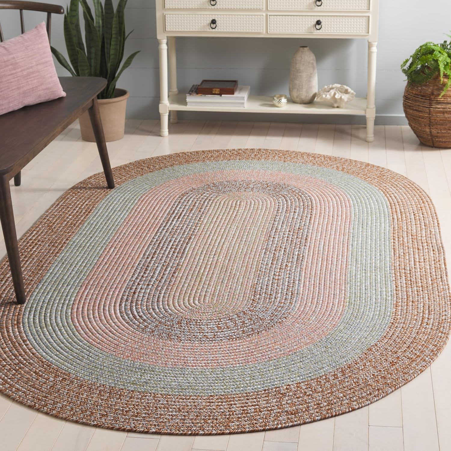 image:imageSAFAVIEH Washable Rug Outdoor Braided Collection 6 x 9 Oval Brown amp Light Brown Handmade amp Reversible NonShedding amp Easy to Clean Ideal for Patio Backyard Mudroom BRD318SBrownGrey Pink