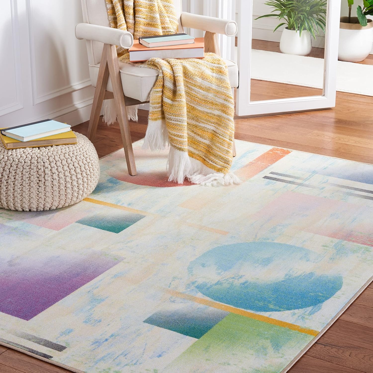 image:imageSAFAVIEH Washable Rug Paint Brush Collection 33 x 53 Blue amp Ivory Slip Resistant amp Easy to Clean Ideal for Living Room Bedroom Nursery Kids Playroom Dining Space PTB107MBlueIvory