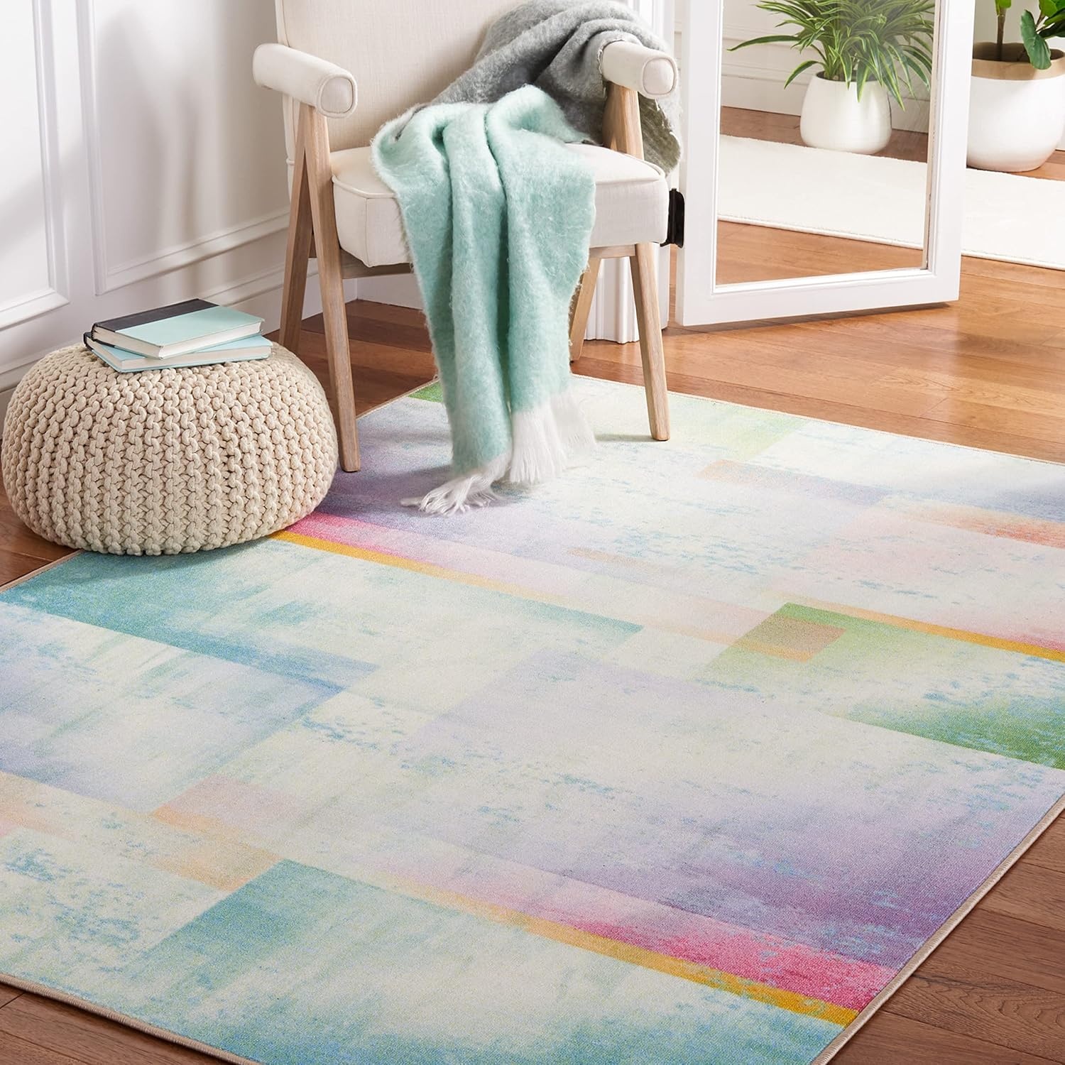 image:imageSAFAVIEH Washable Rug Paint Brush Collection 55 x 76 Blue amp Green Slip Resistant amp Easy to Clean Ideal for Living Room Bedroom Nursery Kids Playroom Dining Space PTB188MBlueGreen