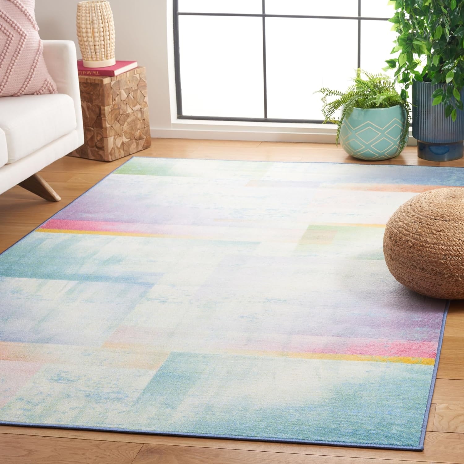 image:imageSAFAVIEH Washable Rug Paint Brush Collection 55 x 76 Blue amp Green Slip Resistant amp Easy to Clean Ideal for Living Room Bedroom Nursery Kids Playroom Dining Space PTB188MBlueGreen