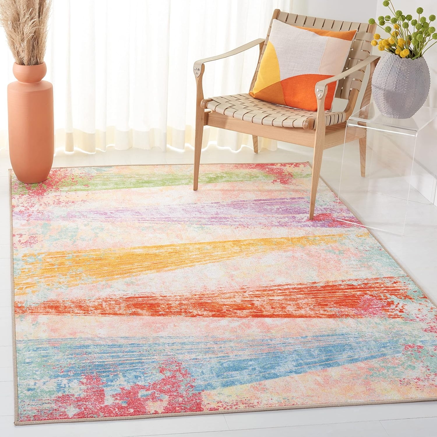 image:imageSAFAVIEH Washable Rug Paint Brush Collection 55 x 76 Pink amp Blue Slip Resistant amp Easy to Clean Ideal for Living Room Bedroom Nursery Kids Playroom Dining Space PTB173UPinkBlue