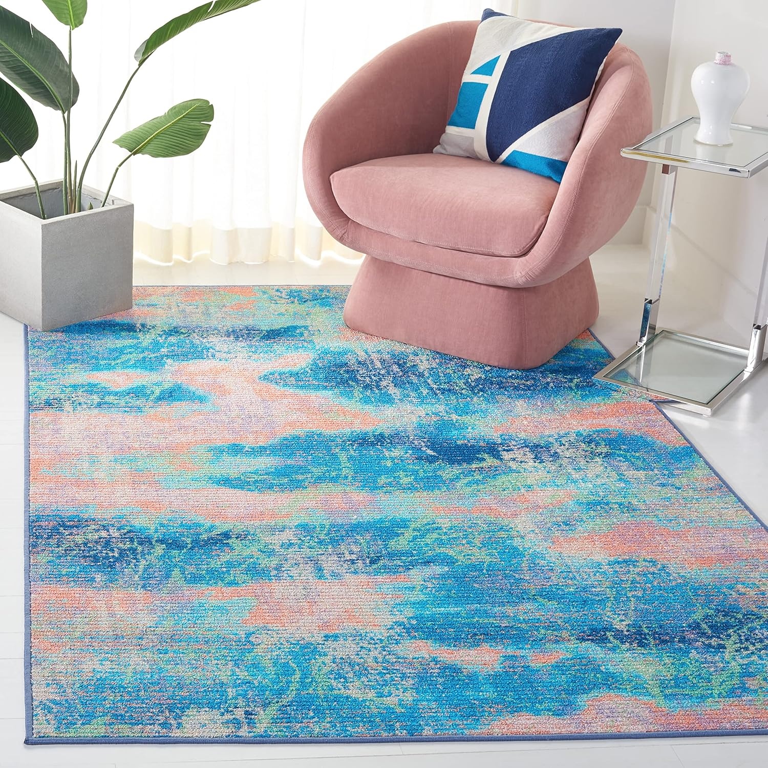image:imageSAFAVIEH Washable Rug Sequoia Collection 55 x 76 Blue amp Orange Slip Resistant amp Easy to Clean Ideal for Living Room Bedroom Dining Space SEQ151MBlueOrange