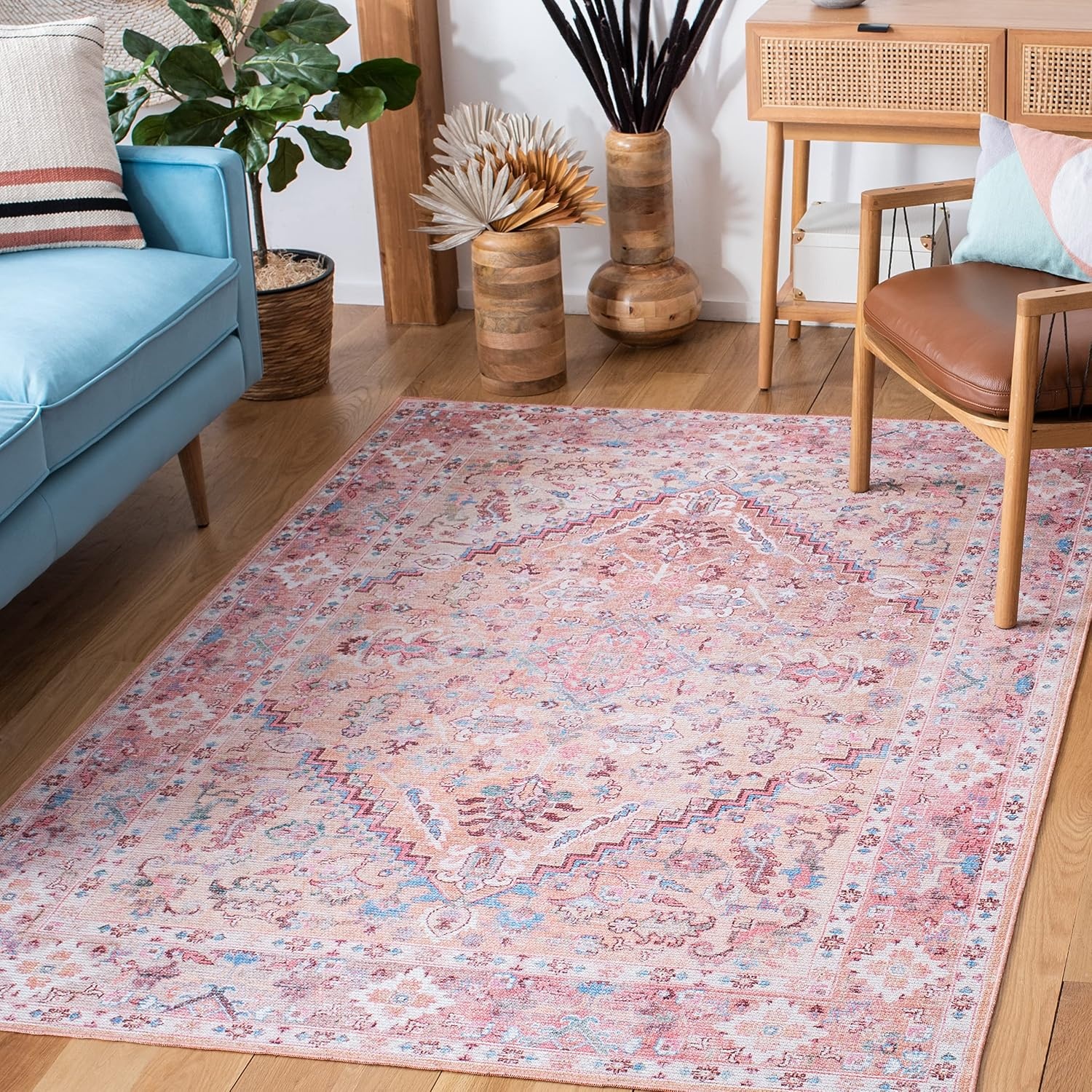 image:imageSAFAVIEH Washable Rug Serapi Collection 53 x 76 Blue amp Rust Slip Resistant amp Easy to Clean Ideal for Living Room Bedroom Dining Space SEP515MBeigePink