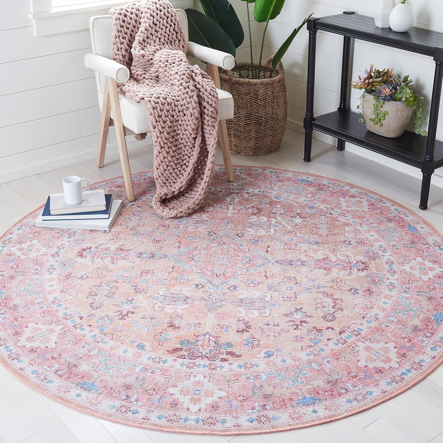 image:imageSAFAVIEH Washable Rug Serapi Collection 53 x 76 Blue amp Rust Slip Resistant amp Easy to Clean Ideal for Living Room Bedroom Dining Space SEP515MBeigePink