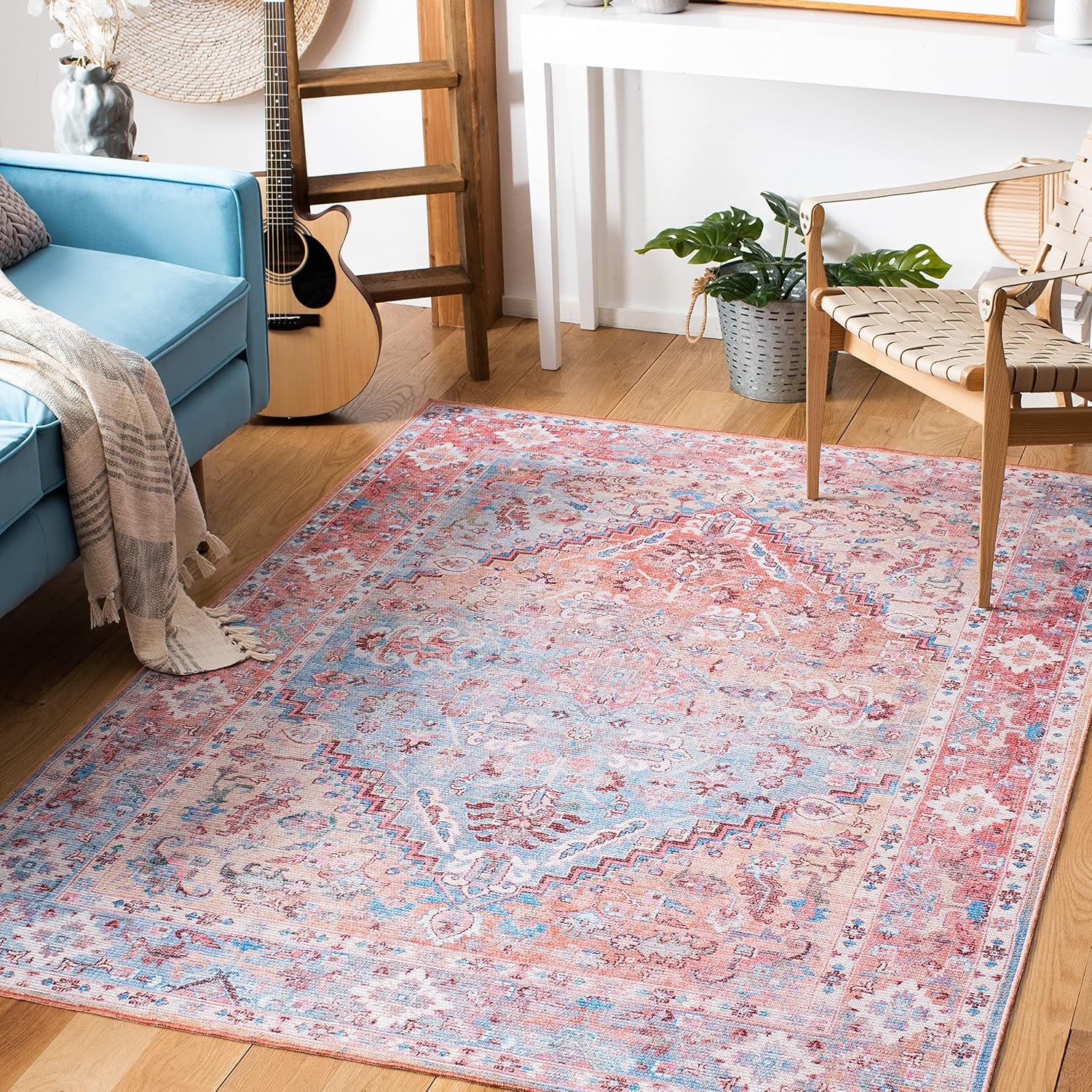 image:imageSAFAVIEH Washable Rug Serapi Collection 53 x 76 Blue amp Rust Slip Resistant amp Easy to Clean Ideal for Living Room Bedroom Dining Space SEP515MRustBlue