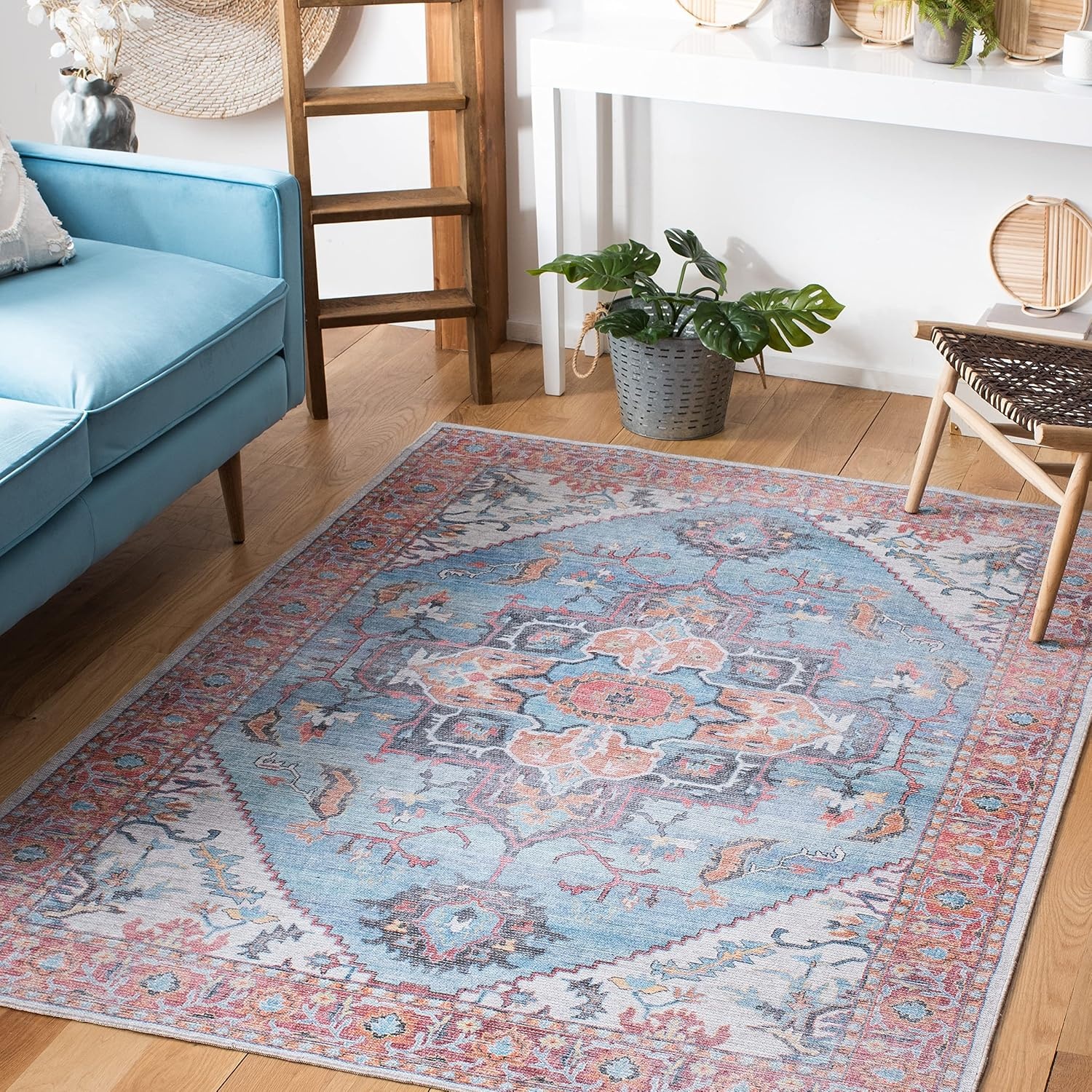 image:imageSAFAVIEH Washable Rug Serapi Collection 53 x 76 Rust amp Ivory Slip Resistant amp Easy to Clean Ideal for Living Room Bedroom Dining Space SEP537PBlueIvory