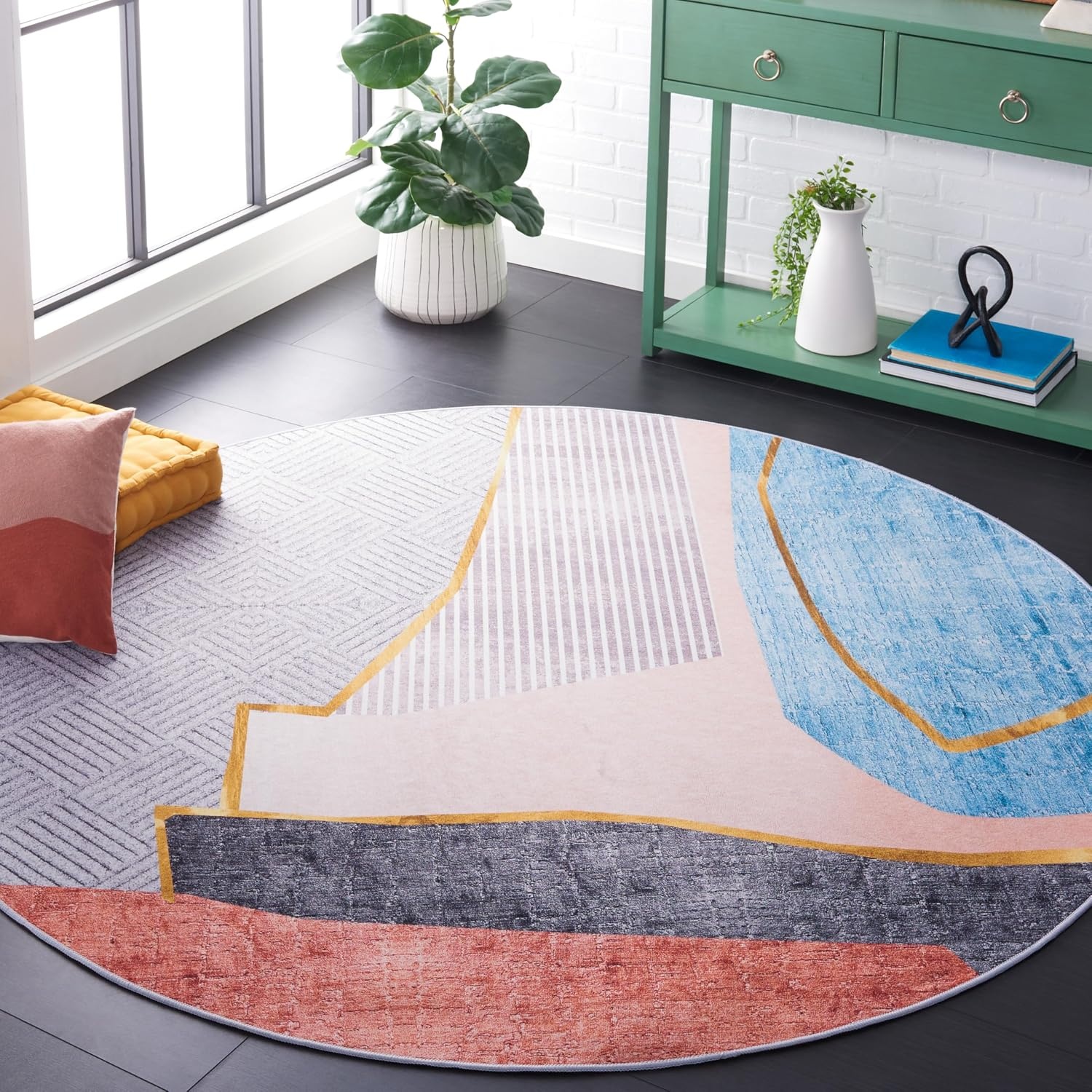 image:imageSAFAVIEH Washable Rug Tacoma Collection 5 x 8 Beige amp Blue Slip Resistant amp Easy to Clean Ideal for Living Room Bedroom Home Office Dining Space TAC834BBeigeBlue