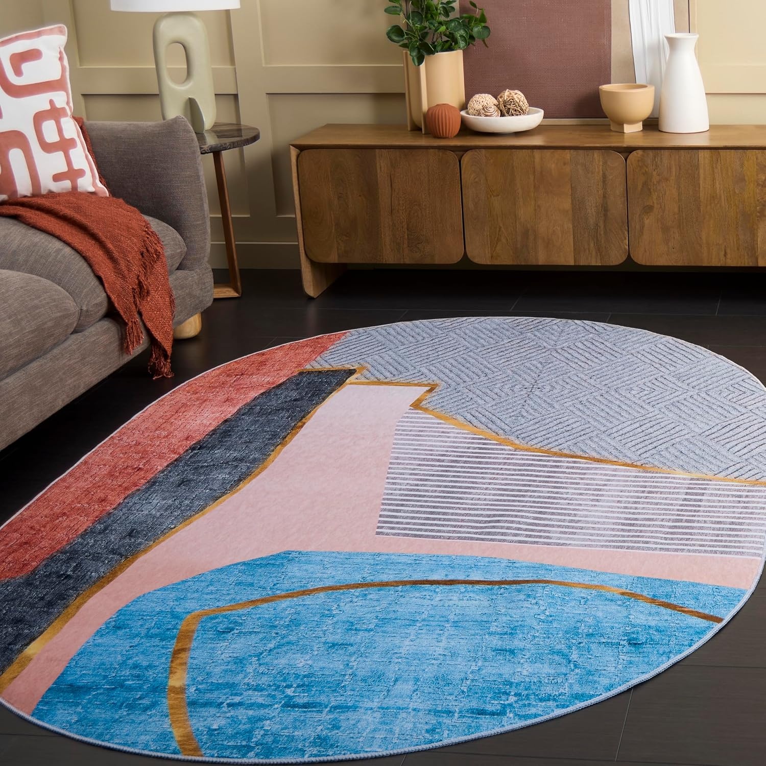 image:imageSAFAVIEH Washable Rug Tacoma Collection 5 x 8 Beige amp Blue Slip Resistant amp Easy to Clean Ideal for Living Room Bedroom Home Office Dining Space TAC834BBeigeBlue