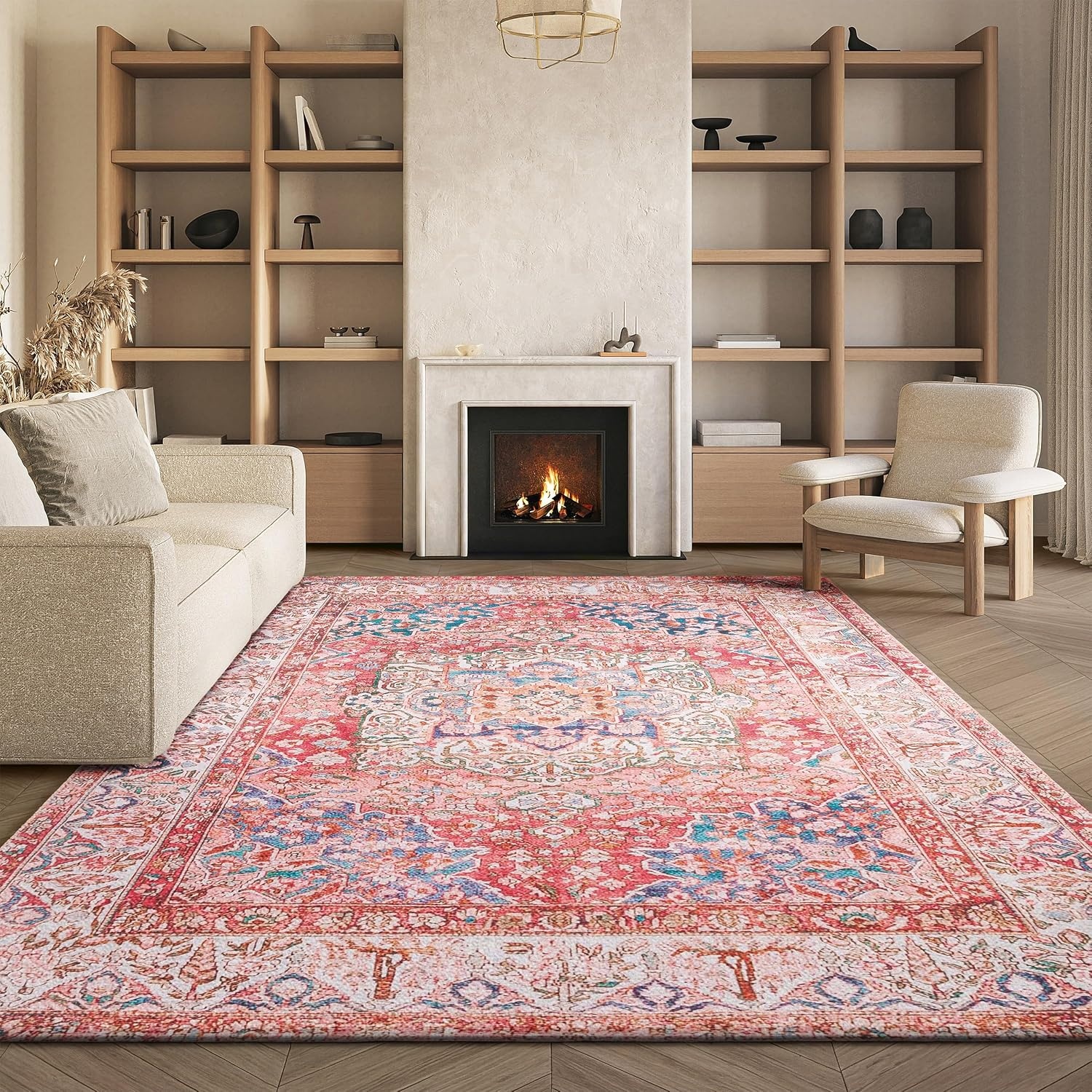 image:imageSAFAVIEH Washable Rug Tucson Collection 4 x 6 Rose amp Beige Slip Resistant amp Easy to Clean Ideal for Foyer Kitchen Nursery Office Bedroom TSN122RRoseBeige