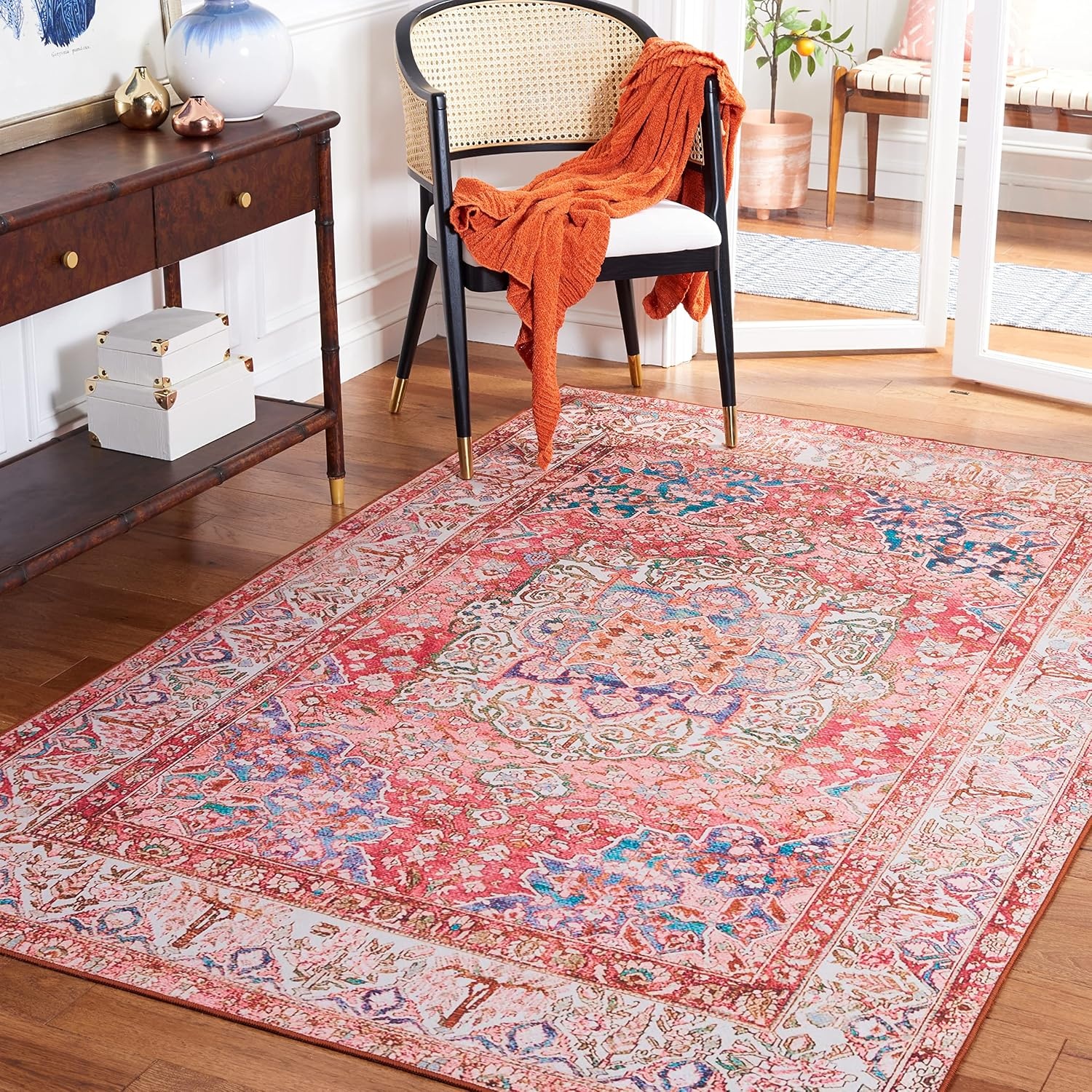 image:imageSAFAVIEH Washable Rug Tucson Collection 4 x 6 Rose amp Beige Slip Resistant amp Easy to Clean Ideal for Foyer Kitchen Nursery Office Bedroom TSN122RRoseBeige